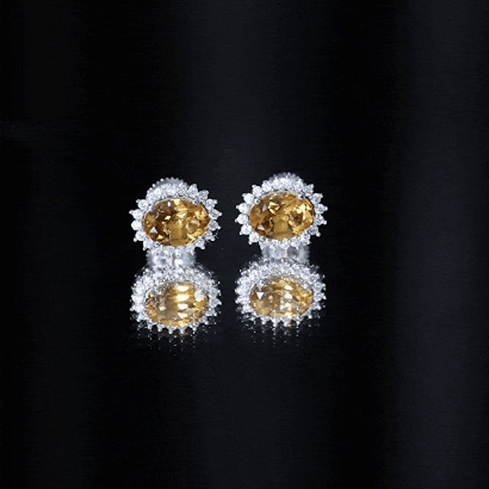 Oval Shaped 2.2 Carat Citrine Stud Earrings with Halo AAA 92.5 Sterling Silver - Rosec Jewels