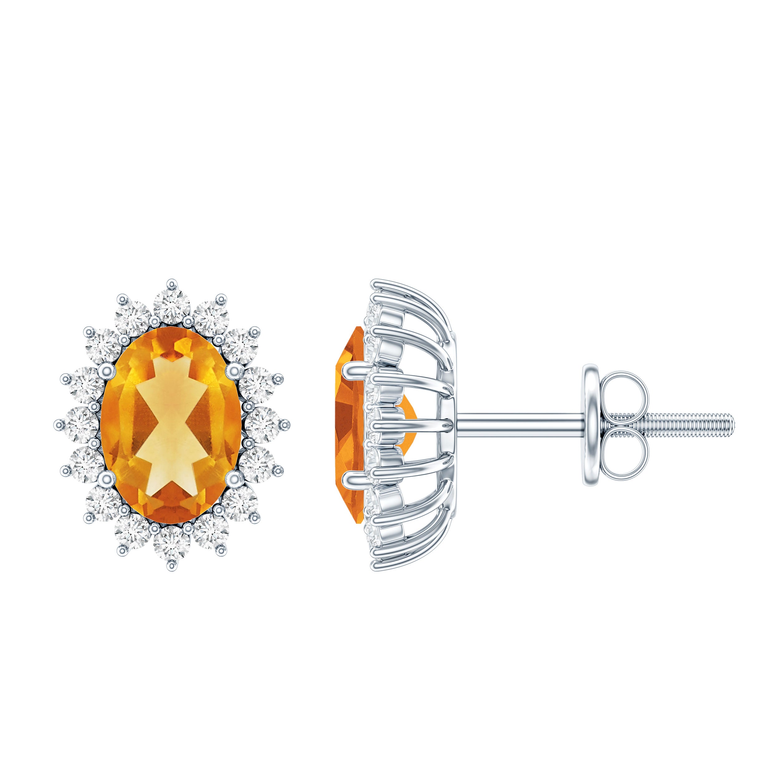 Oval Shaped 2.2 Carat Citrine Stud Earrings with Halo AAA 92.5 Sterling Silver - Rosec Jewels