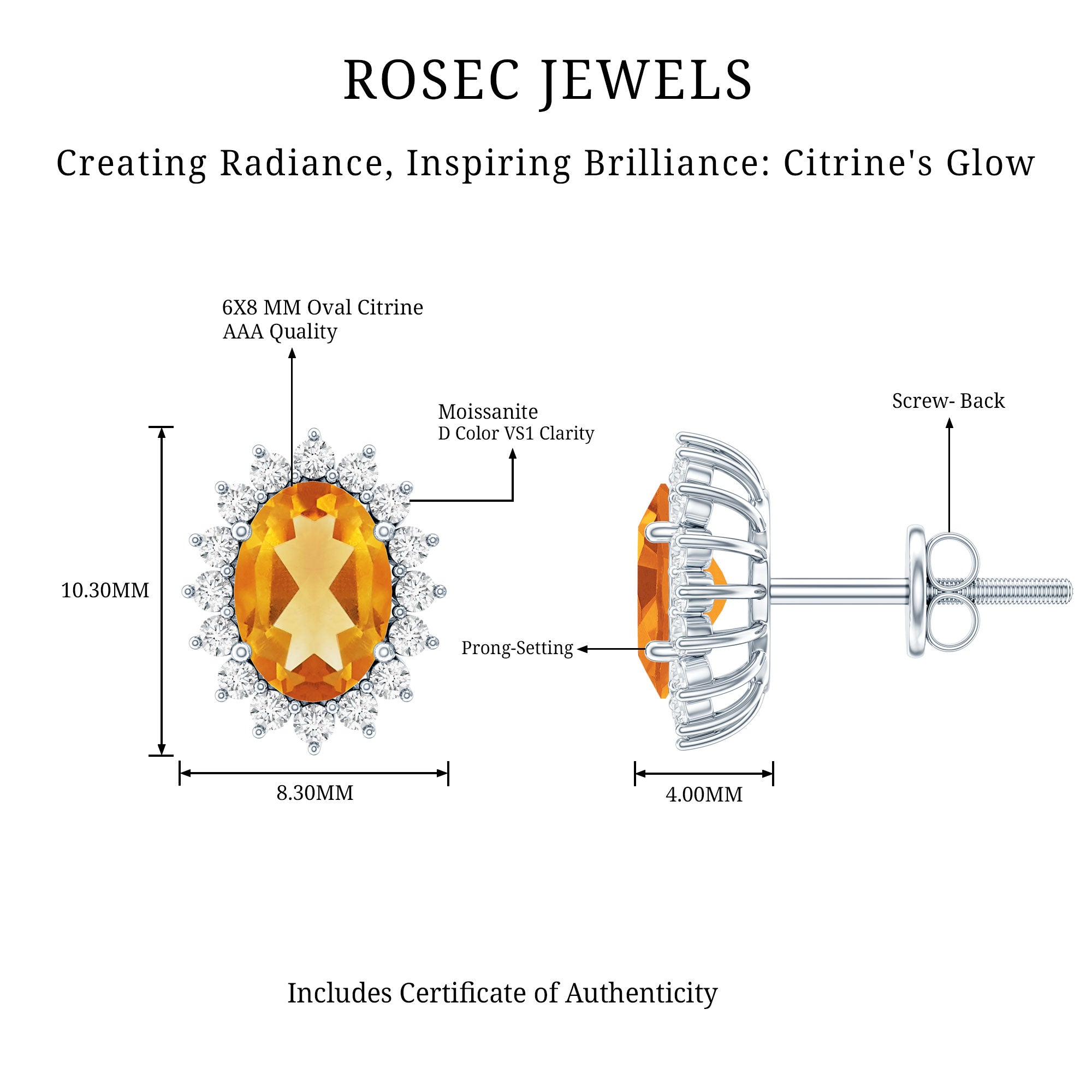 Oval Shaped 2.2 Carat Citrine Stud Earrings with Halo AAA 92.5 Sterling Silver - Rosec Jewels