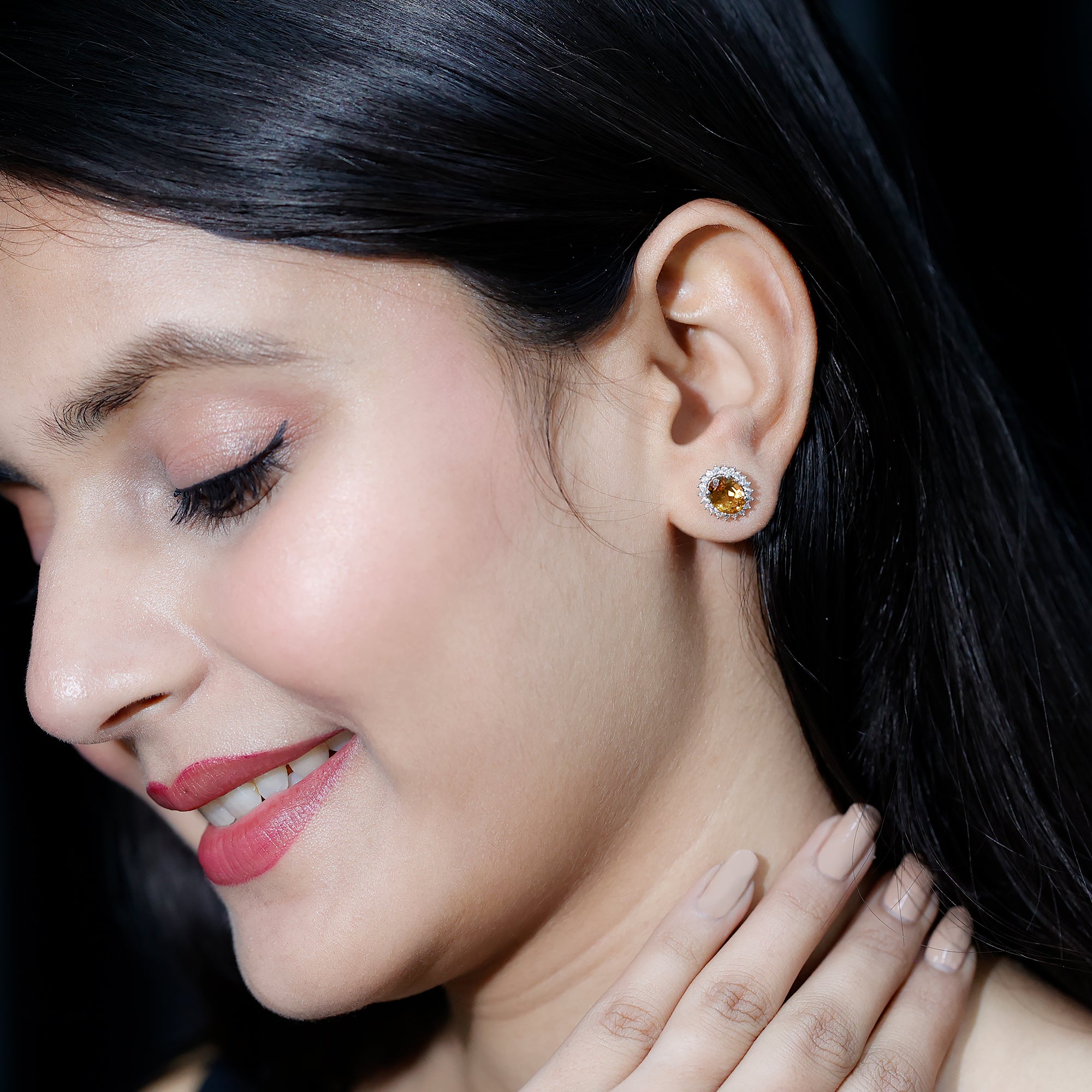 Oval Shaped 2.2 Carat Citrine Stud Earrings with Halo AAA 92.5 Sterling Silver - Rosec Jewels
