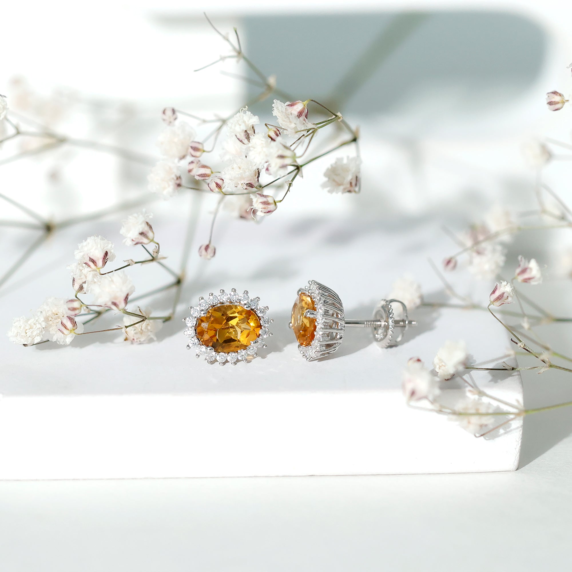Oval Shaped 2.2 Carat Citrine Stud Earrings with Halo AAA 92.5 Sterling Silver - Rosec Jewels
