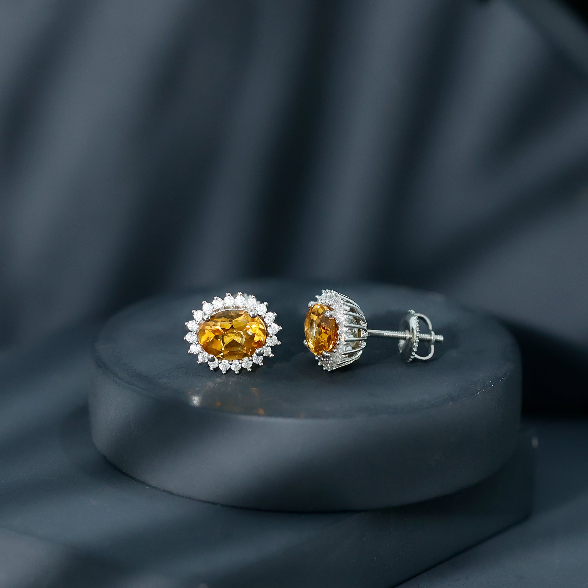 Oval Shaped 2.2 Carat Citrine Stud Earrings with Halo AAA 92.5 Sterling Silver - Rosec Jewels