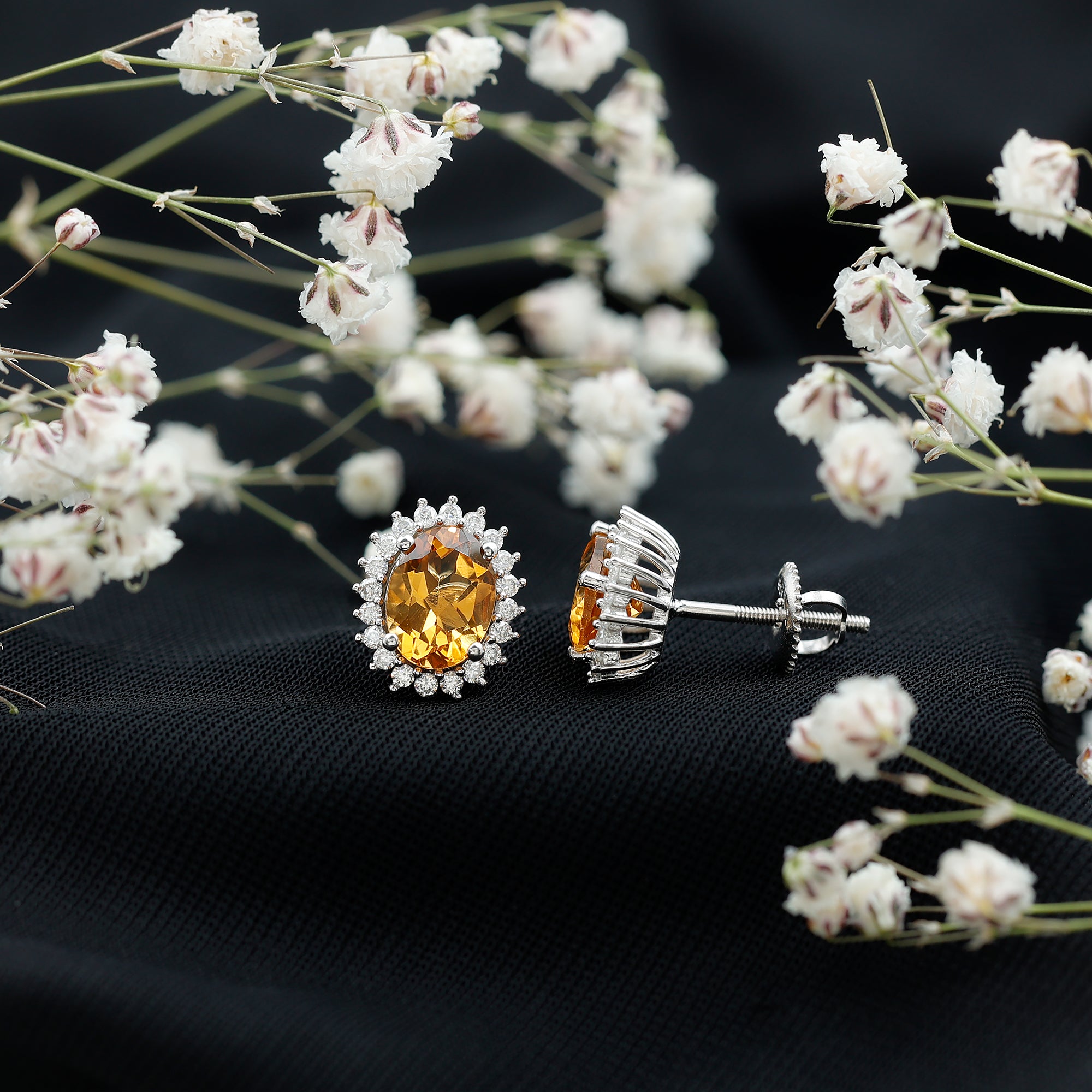 Oval Shaped 2.2 Carat Citrine Stud Earrings with Halo AAA 92.5 Sterling Silver - Rosec Jewels