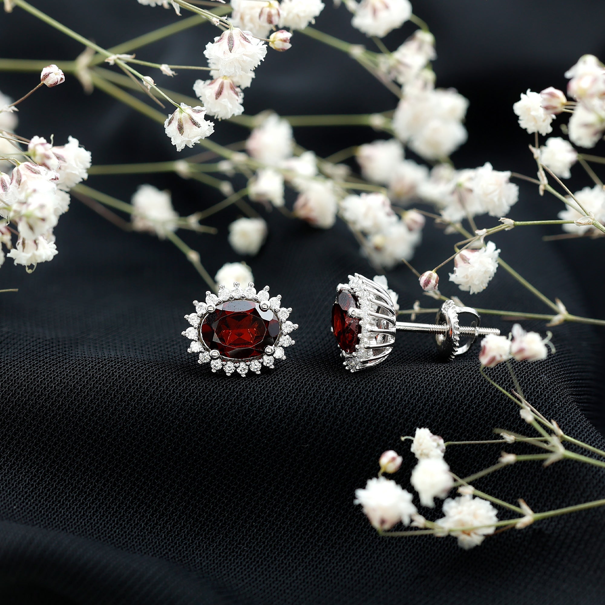 Sterling Silver 3 Carat Oval Garnet Stud Earrings with Moissanite Halo AAA 92.5 Sterling Silver - Rosec Jewels