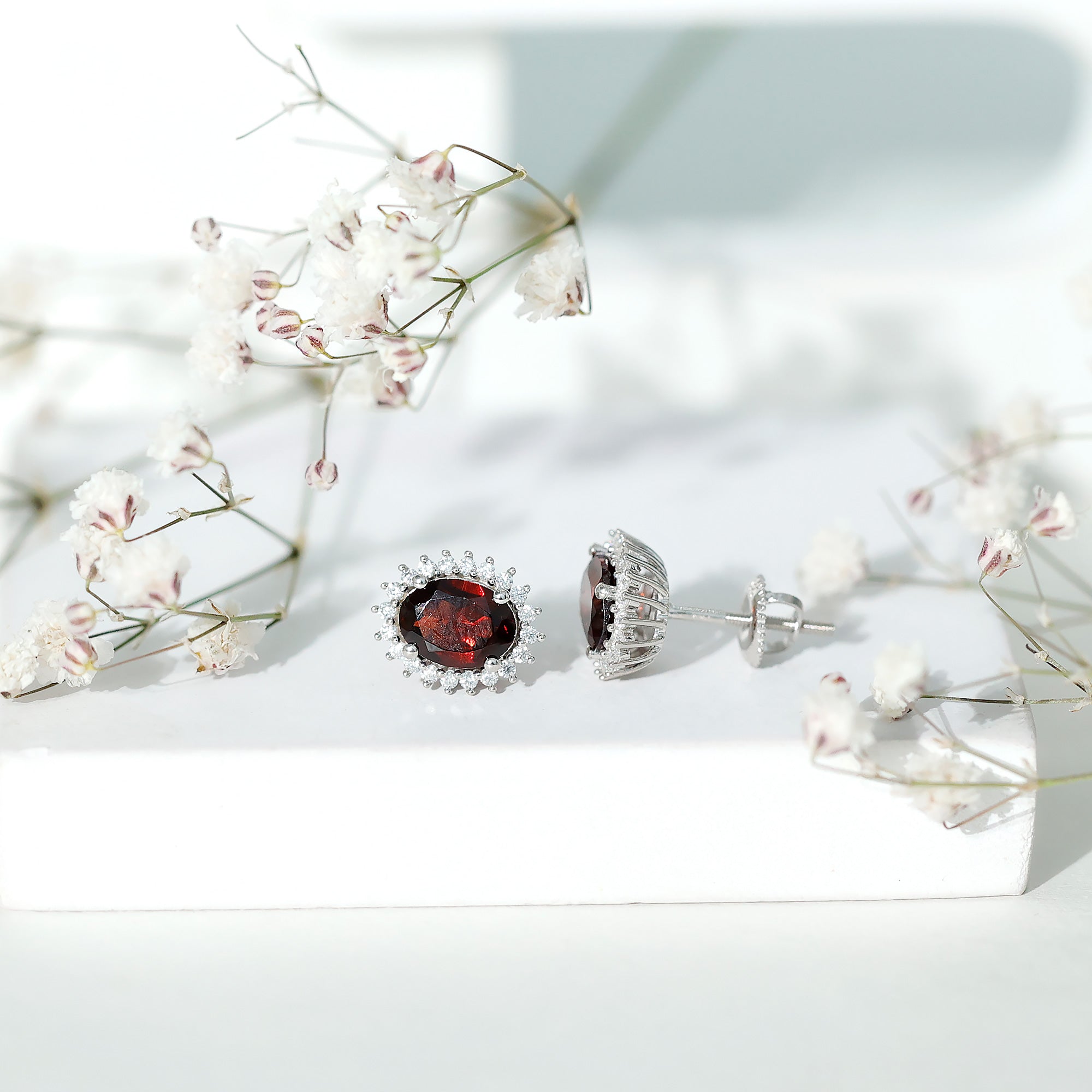 Sterling Silver 3 Carat Oval Garnet Stud Earrings with Moissanite Halo AAA 92.5 Sterling Silver - Rosec Jewels