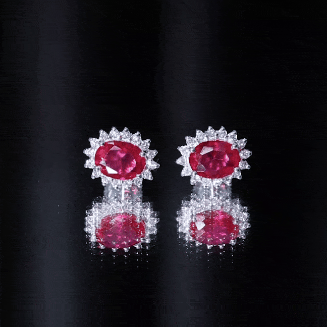 3 Carat Oval Lab Created Ruby Stud Earrings with Diamond Halo AAAA - Rosec Jewels