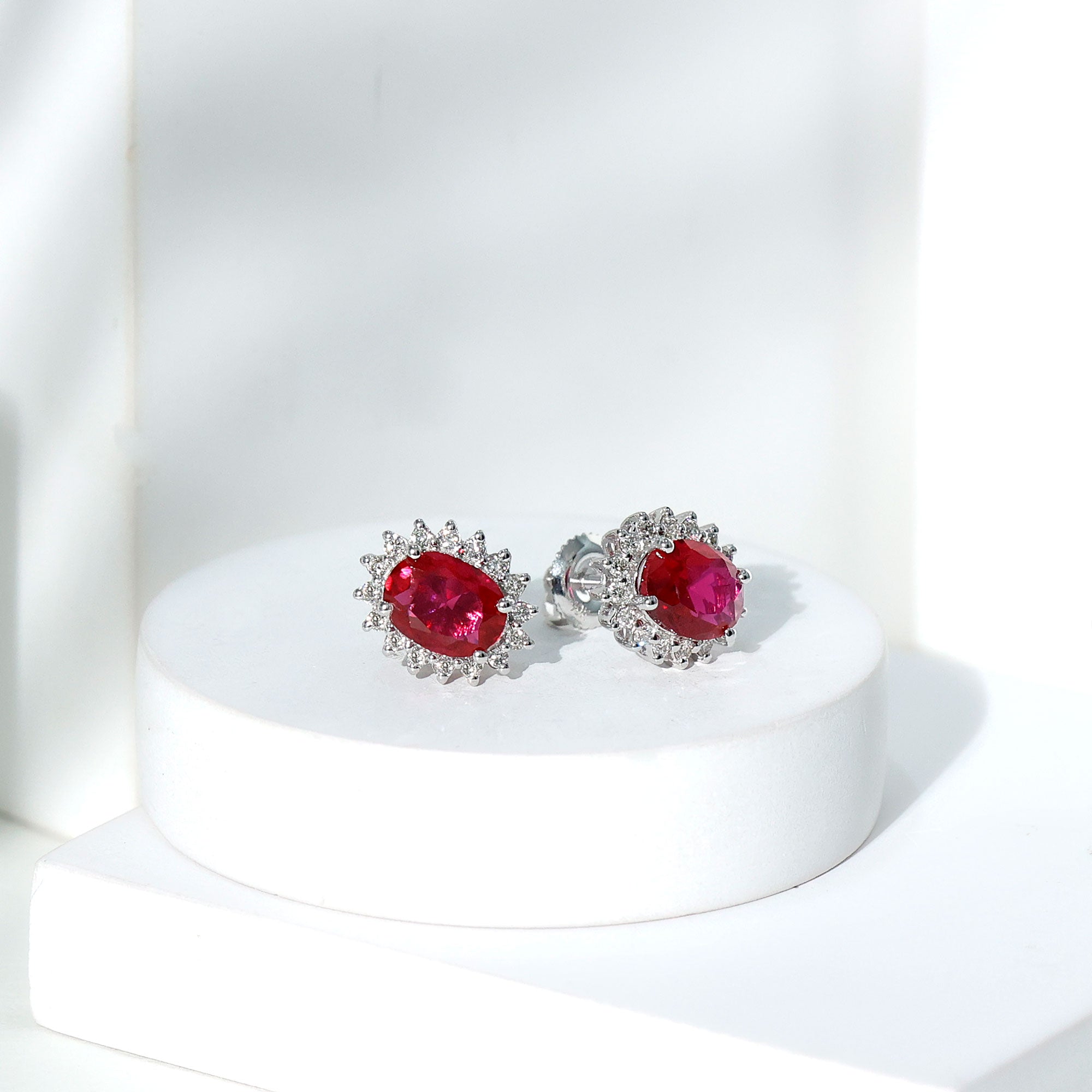3 Carat Oval Lab Created Ruby Stud Earrings with Diamond Halo AAAA - Rosec Jewels