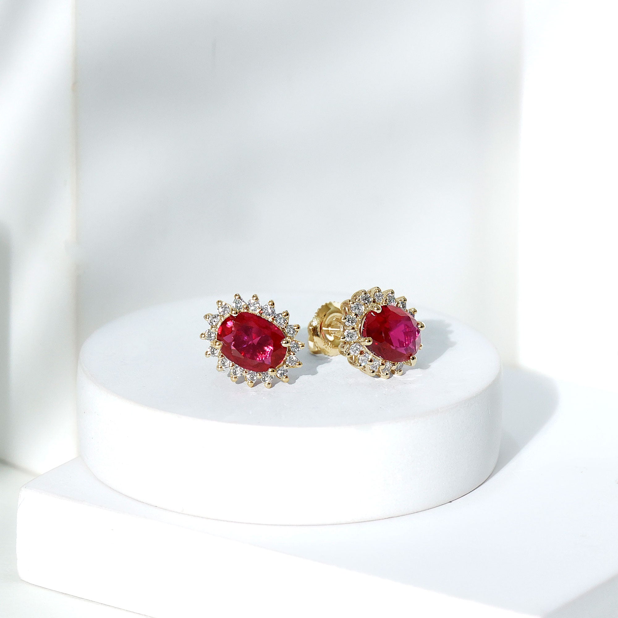 3 Carat Oval Lab Created Ruby Stud Earrings with Diamond Halo AAAA - Rosec Jewels