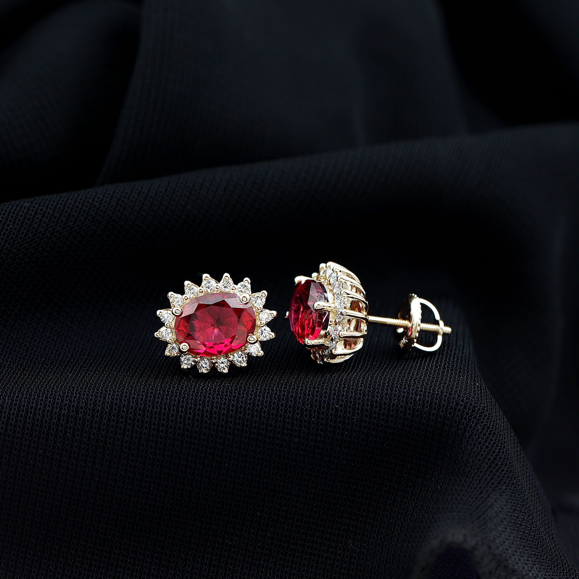 3 Carat Oval Lab Created Ruby Stud Earrings with Diamond Halo AAAA - Rosec Jewels