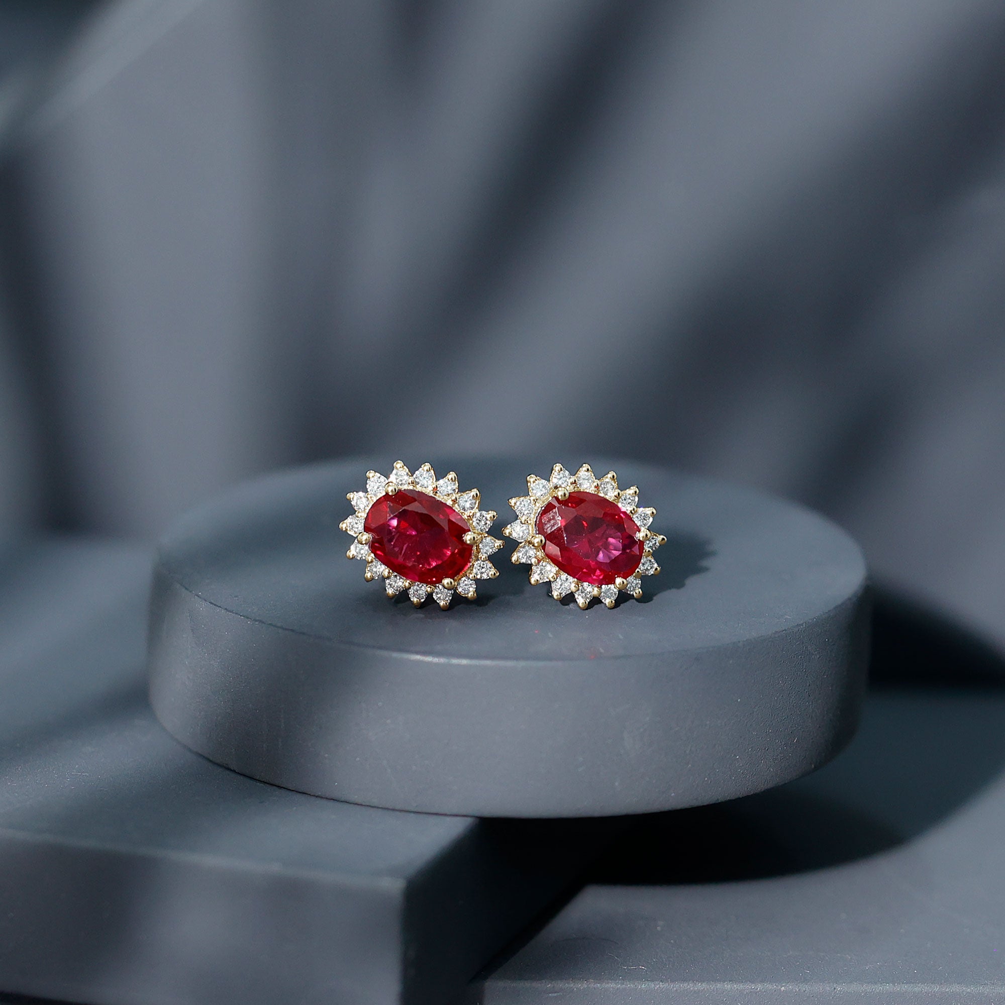 3 Carat Oval Lab Created Ruby Stud Earrings with Diamond Halo AAAA - Rosec Jewels