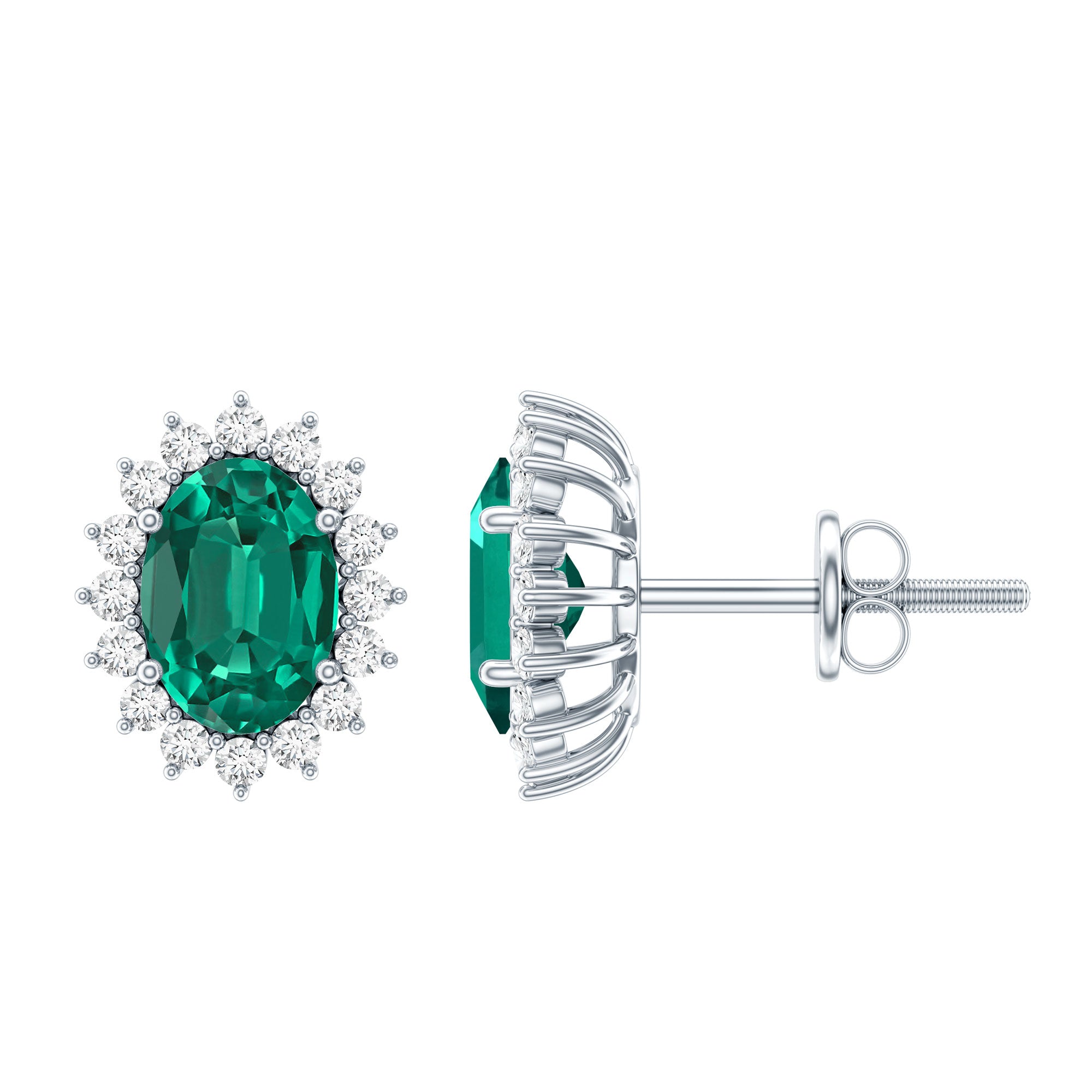 Lab Created Emerald Oval Stud Earrings with Moissanite Halo