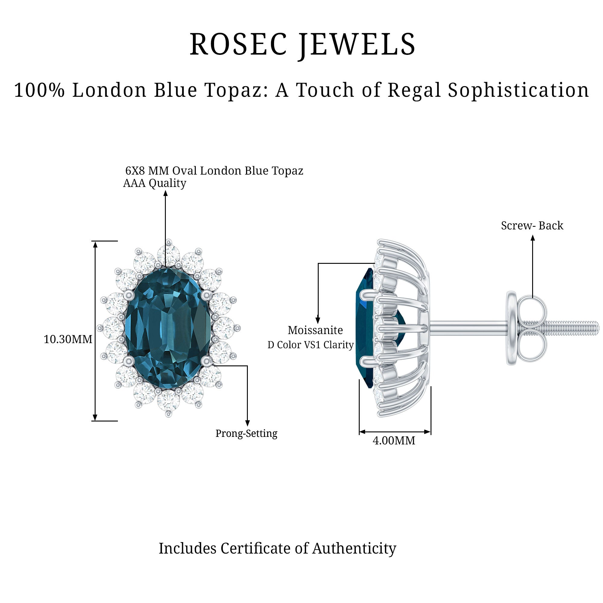 6X8MM Oval London Blue Topaz Stud Earrings with Moissanite Halo AAA - Rosec Jewels