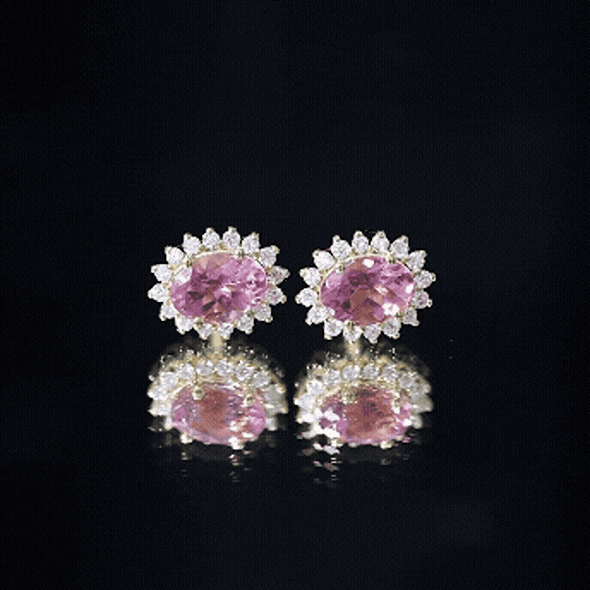 1.3 Carat Oval Pink Tourmaline Stud Earrings with Diamond Halo AAA 14K Yellow Gold Plated Silver - Rosec Jewels
