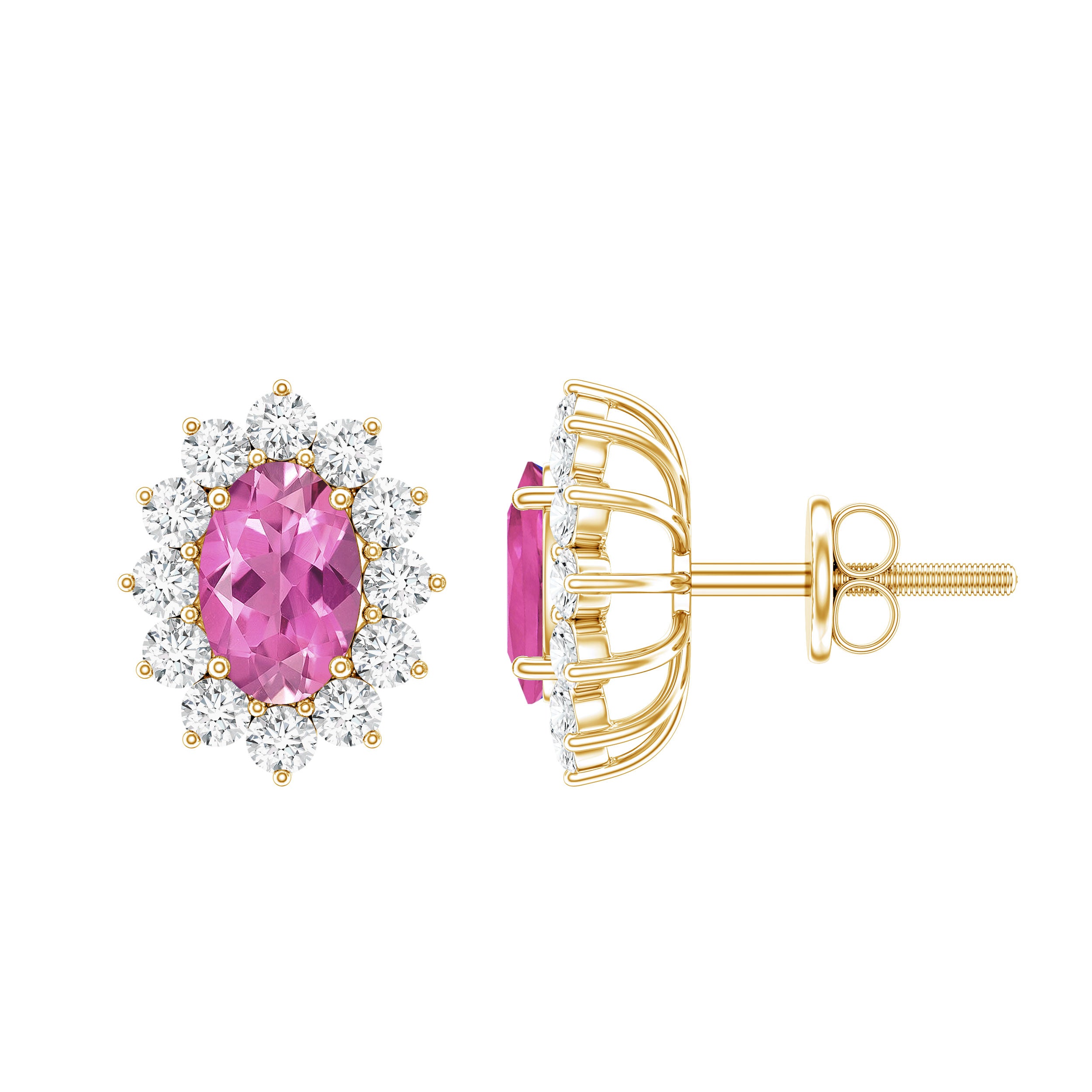 1.3 Carat Oval Pink Tourmaline Stud Earrings with Diamond Halo AAA 14K Yellow Gold Plated Silver - Rosec Jewels