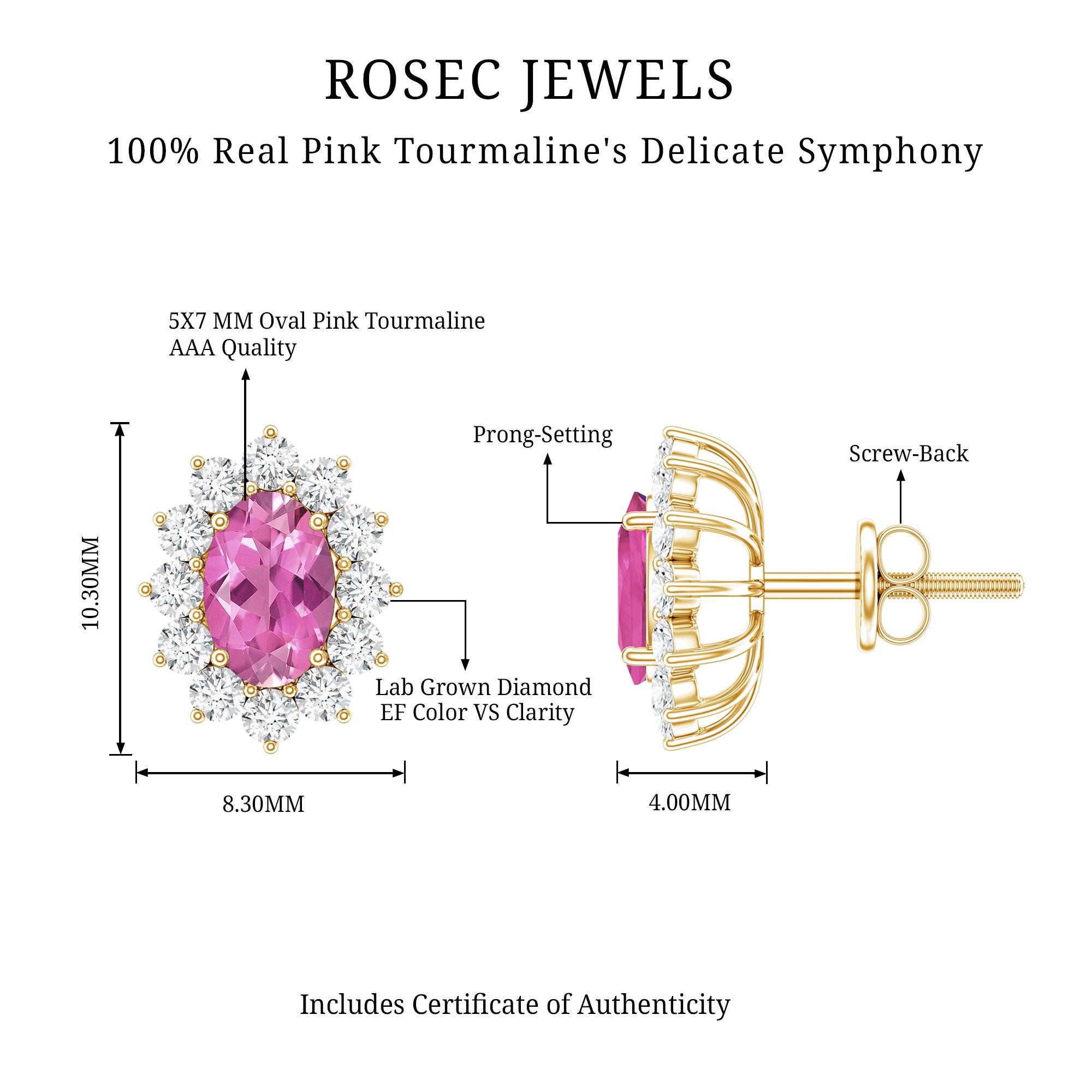 1.3 Carat Oval Pink Tourmaline Stud Earrings with Diamond Halo AAA 14K Yellow Gold Plated Silver - Rosec Jewels