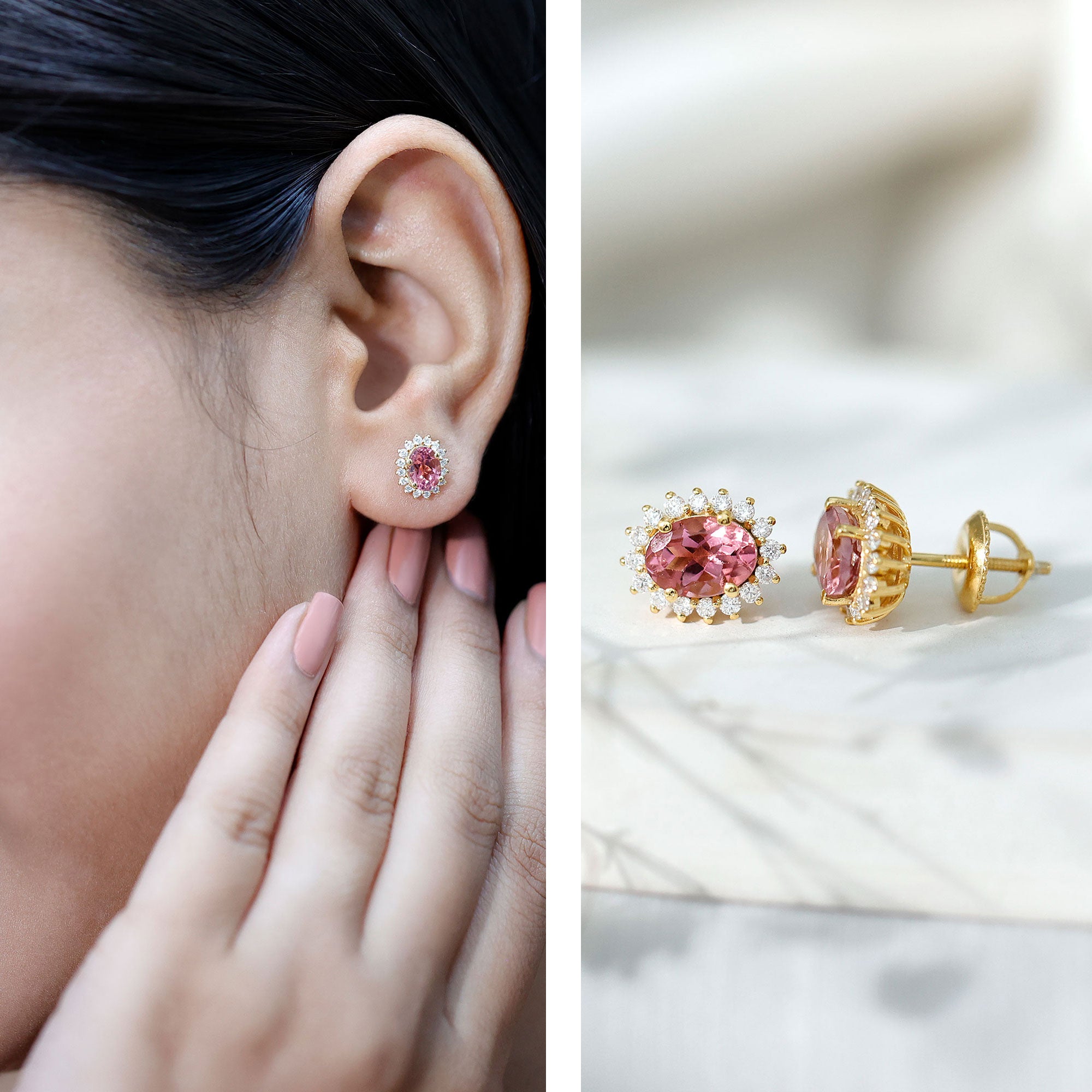 1.3 Carat Oval Pink Tourmaline Stud Earrings with Diamond Halo AAA 14K Yellow Gold Plated Silver - Rosec Jewels
