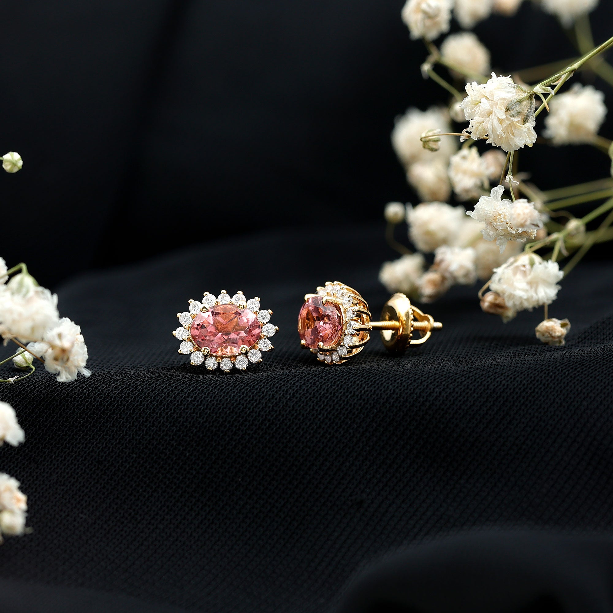 1.3 Carat Oval Pink Tourmaline Stud Earrings with Diamond Halo AAA 14K Yellow Gold Plated Silver - Rosec Jewels