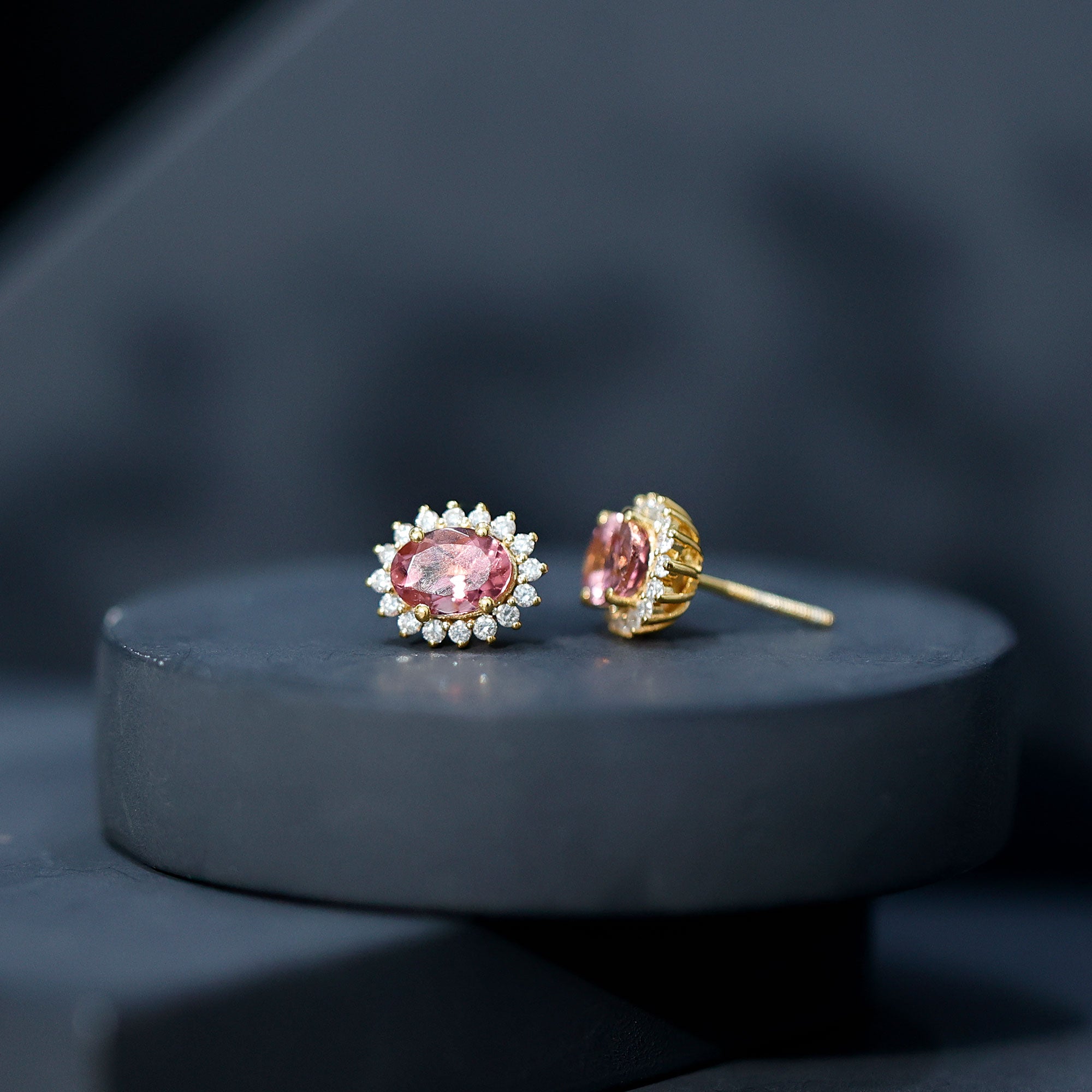 1.3 Carat Oval Pink Tourmaline Stud Earrings with Diamond Halo AAA 14K Yellow Gold Plated Silver - Rosec Jewels