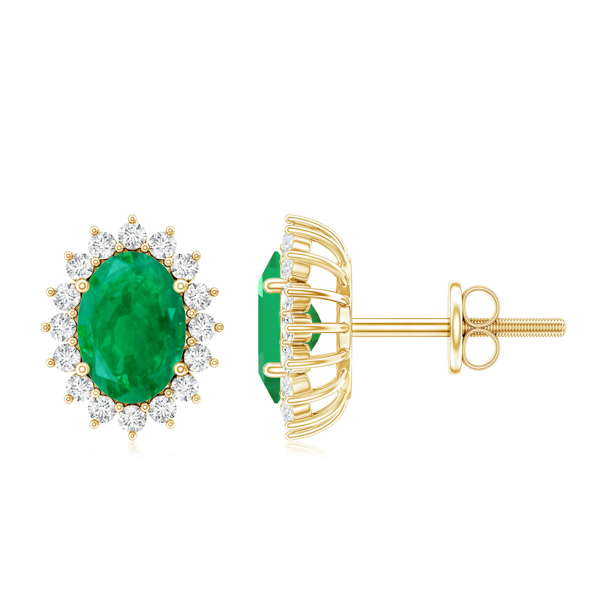 Oval Cut Natural Emerald Stud Earrings with Diamond Halo AAA - Rosec Jewels