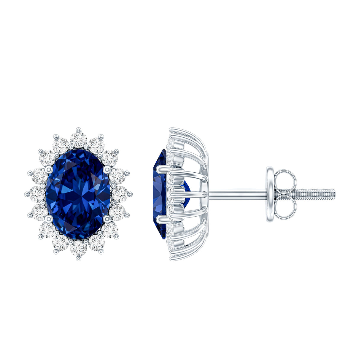 Lab Created Blue Sapphire Oval Stud Earrings with Moissanite Halo AAAA - Rosec Jewels