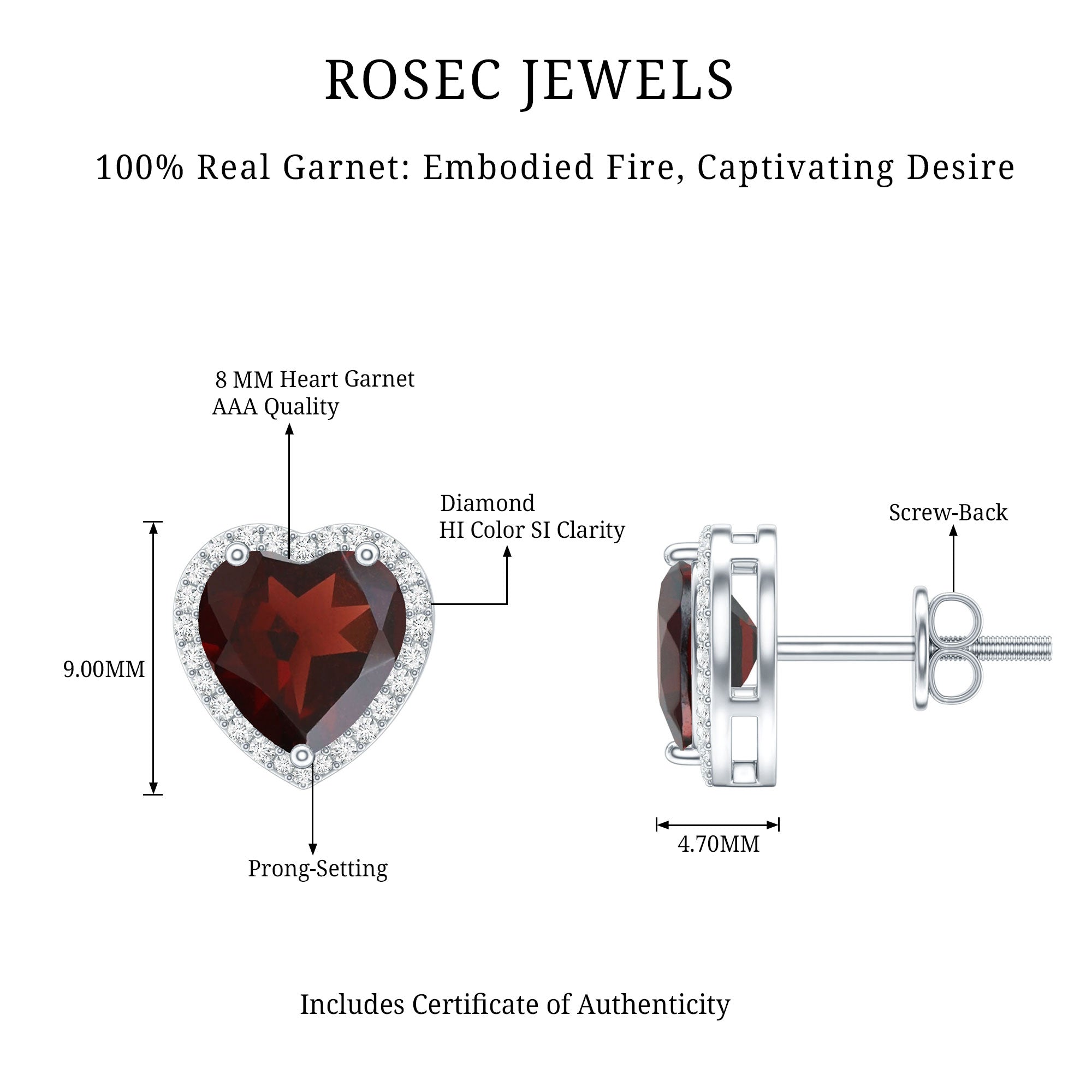 8 CT Heart Shape Garnet Stud Earrings with Diamond Halo AAA - Rosec Jewels