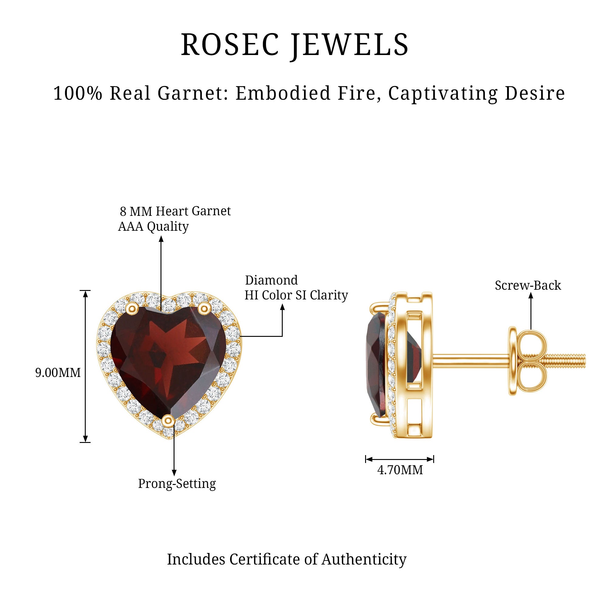 8 CT Heart Shape Garnet Stud Earrings with Diamond Halo AAA - Rosec Jewels
