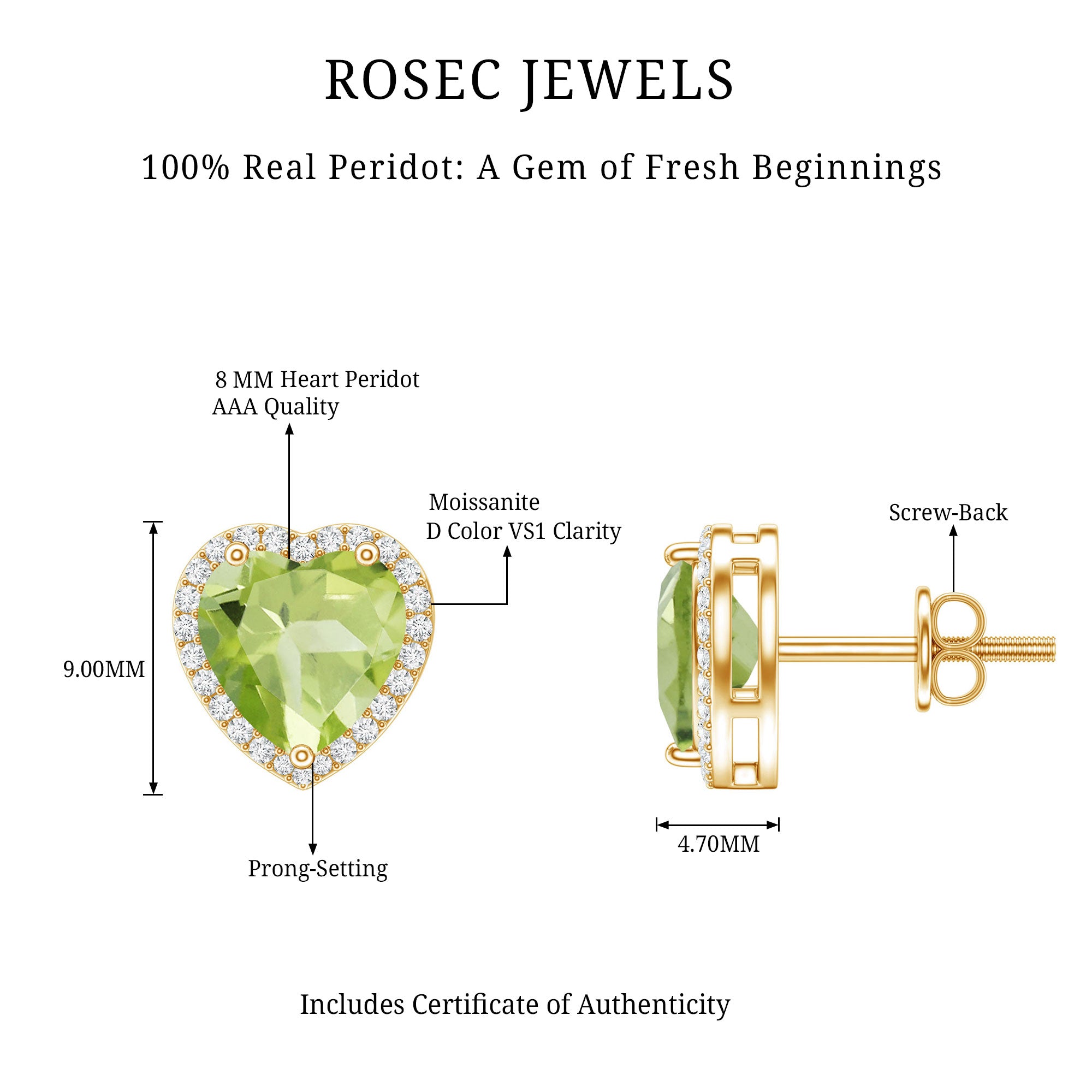 Certified Real 4.2 Carat Peridot Heart Earrings with Moissanite Halo AAA - Rosec Jewels