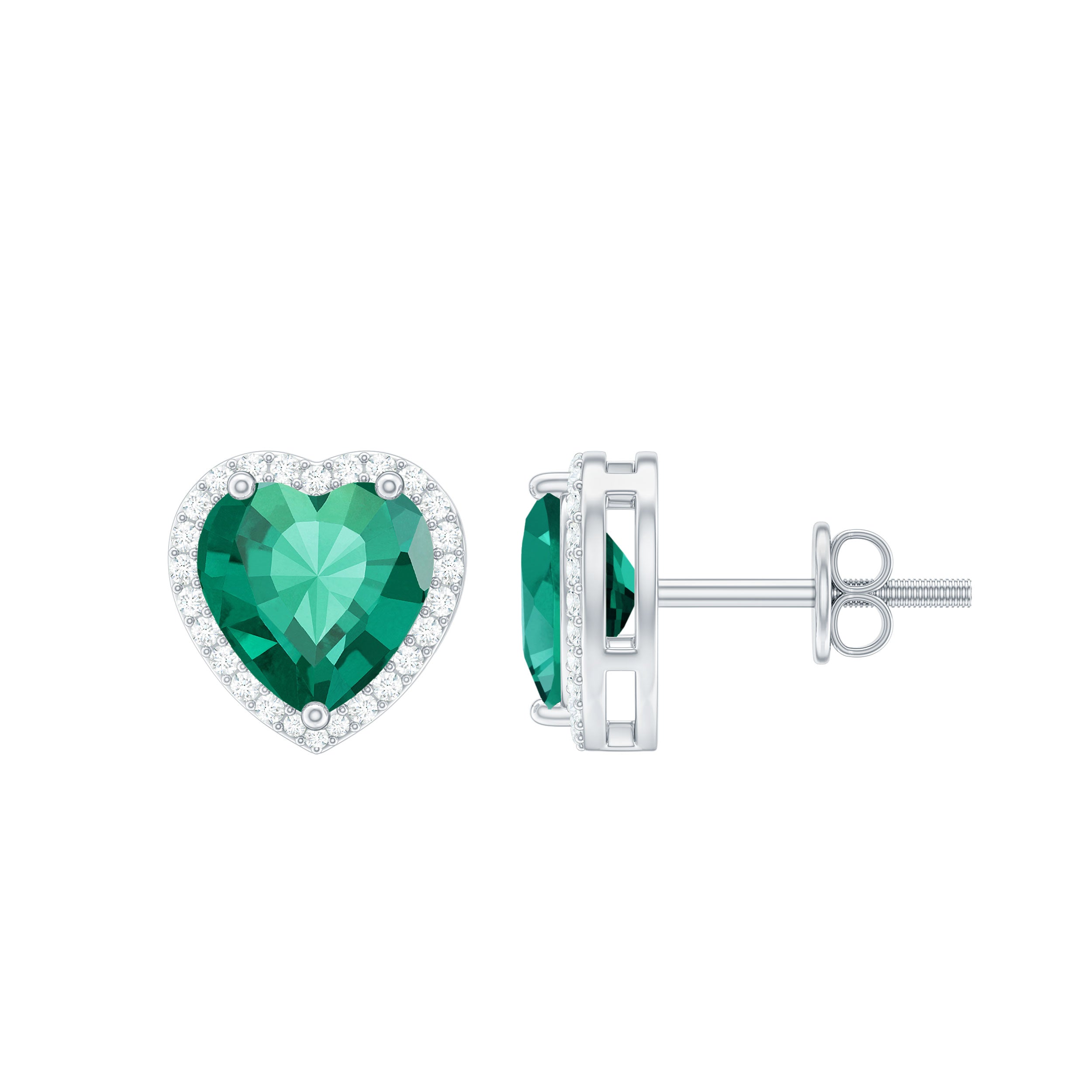 Lab Created Emerald Heart Stud Earrings with Diamond Halo