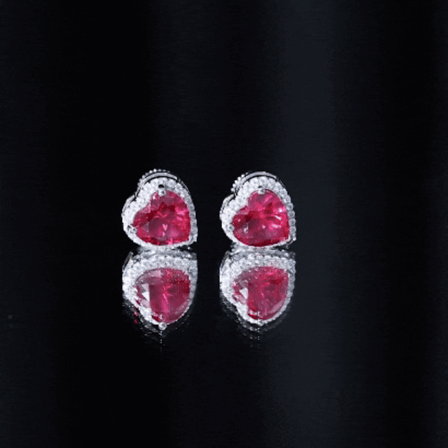 4 Carat Lab Grown Ruby Heart Stud Earrings with Moissanite Halo AAAA 92.5 Sterling Silver - Rosec Jewels