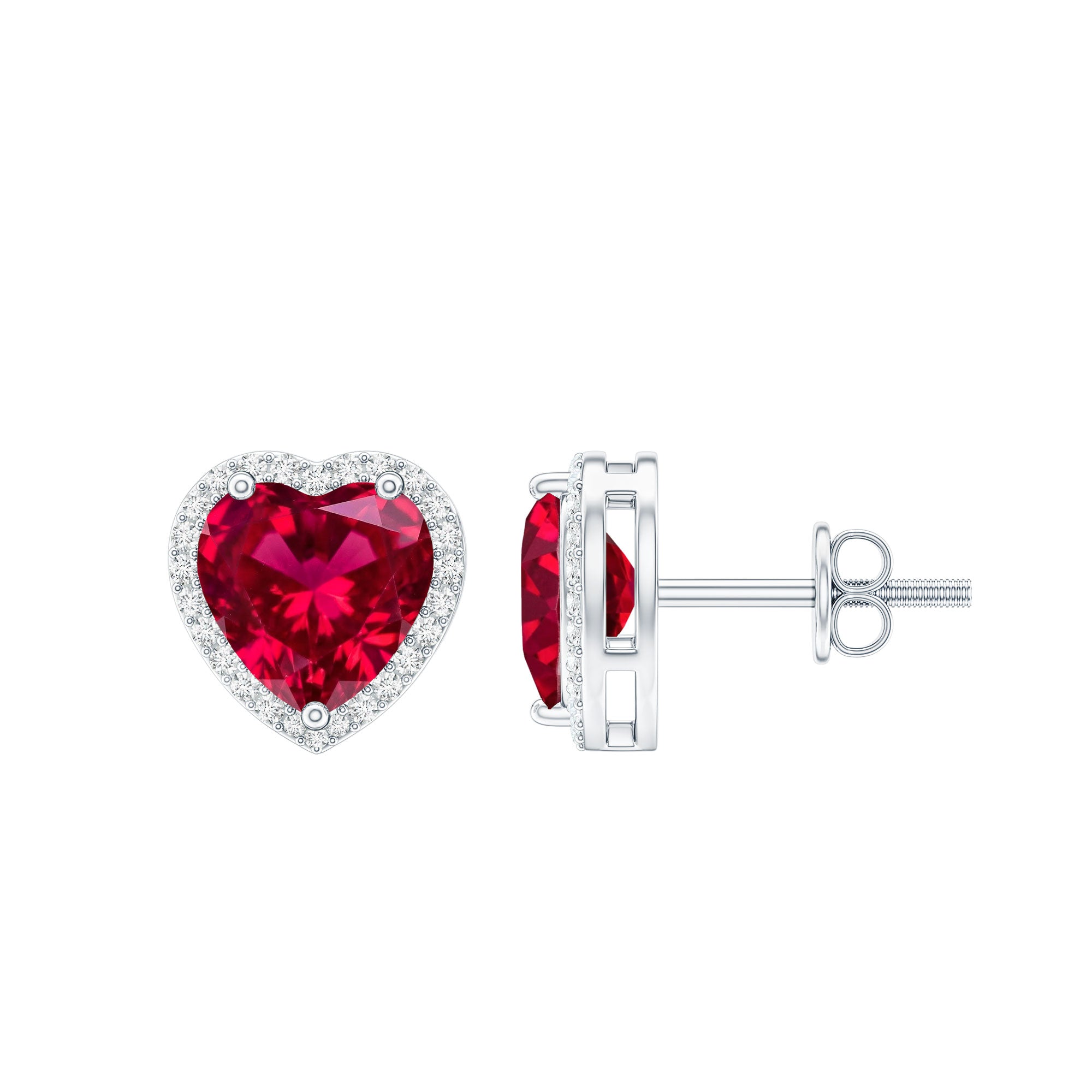 4 Carat Lab Grown Ruby Heart Stud Earrings with Moissanite Halo AAAA 92.5 Sterling Silver - Rosec Jewels