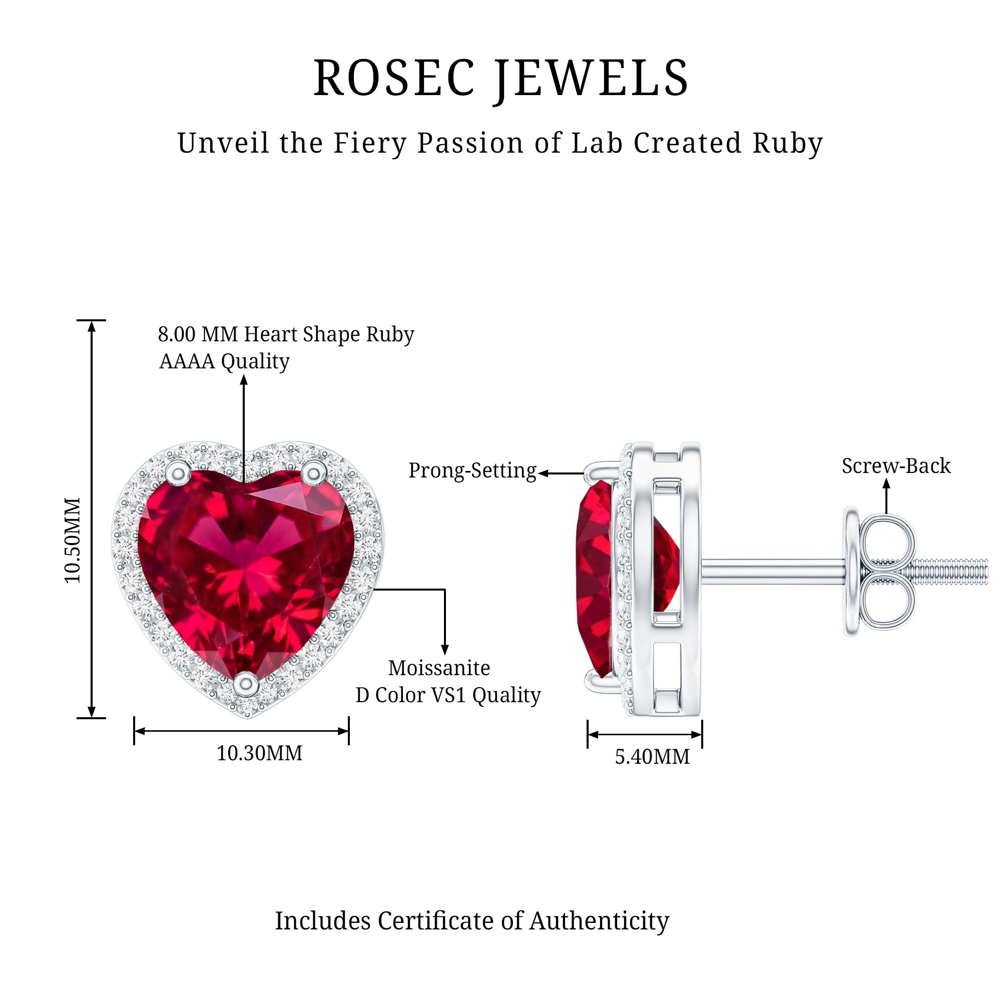 4 Carat Lab Grown Ruby Heart Stud Earrings with Moissanite Halo AAAA 92.5 Sterling Silver - Rosec Jewels