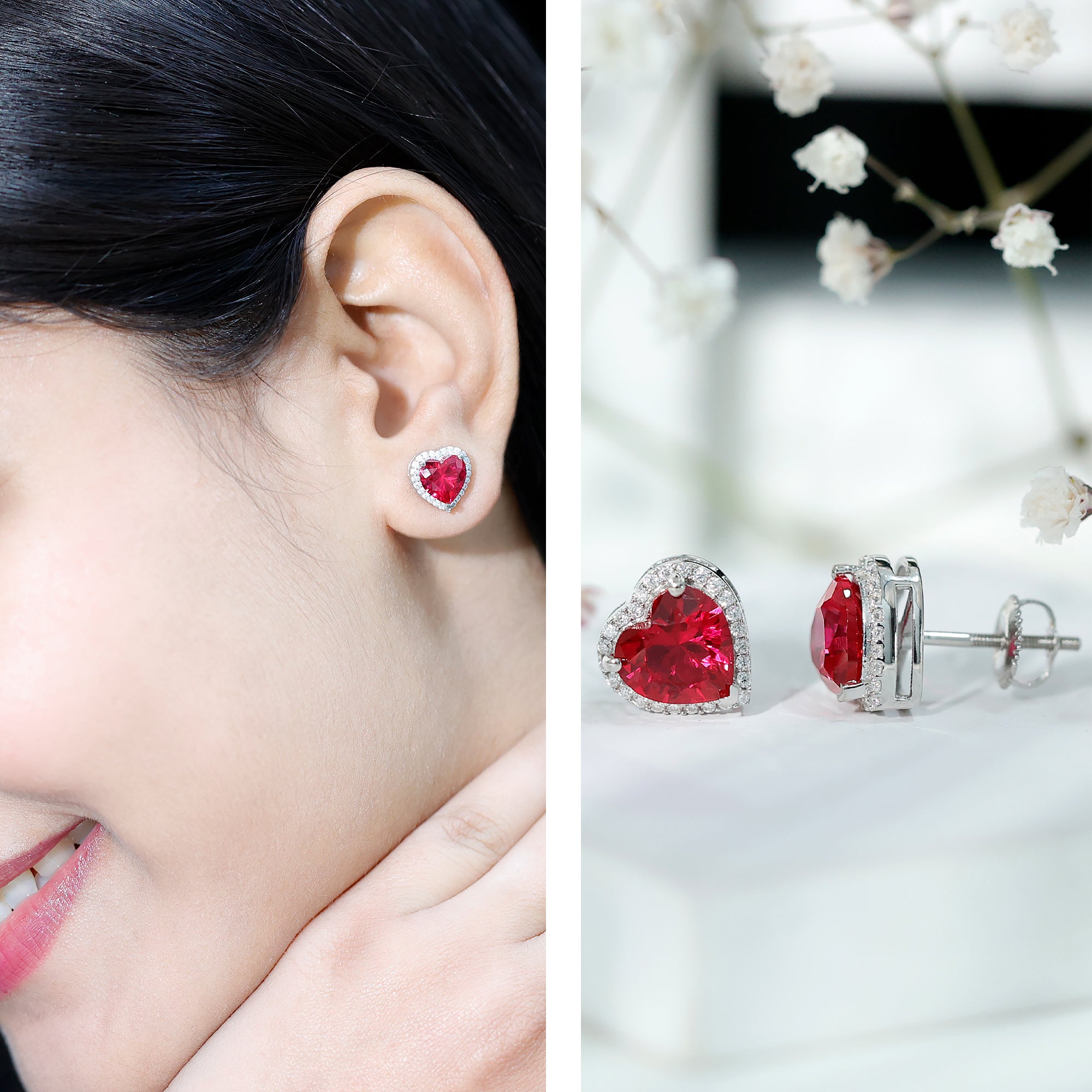 4 Carat Lab Grown Ruby Heart Stud Earrings with Moissanite Halo AAAA 92.5 Sterling Silver - Rosec Jewels
