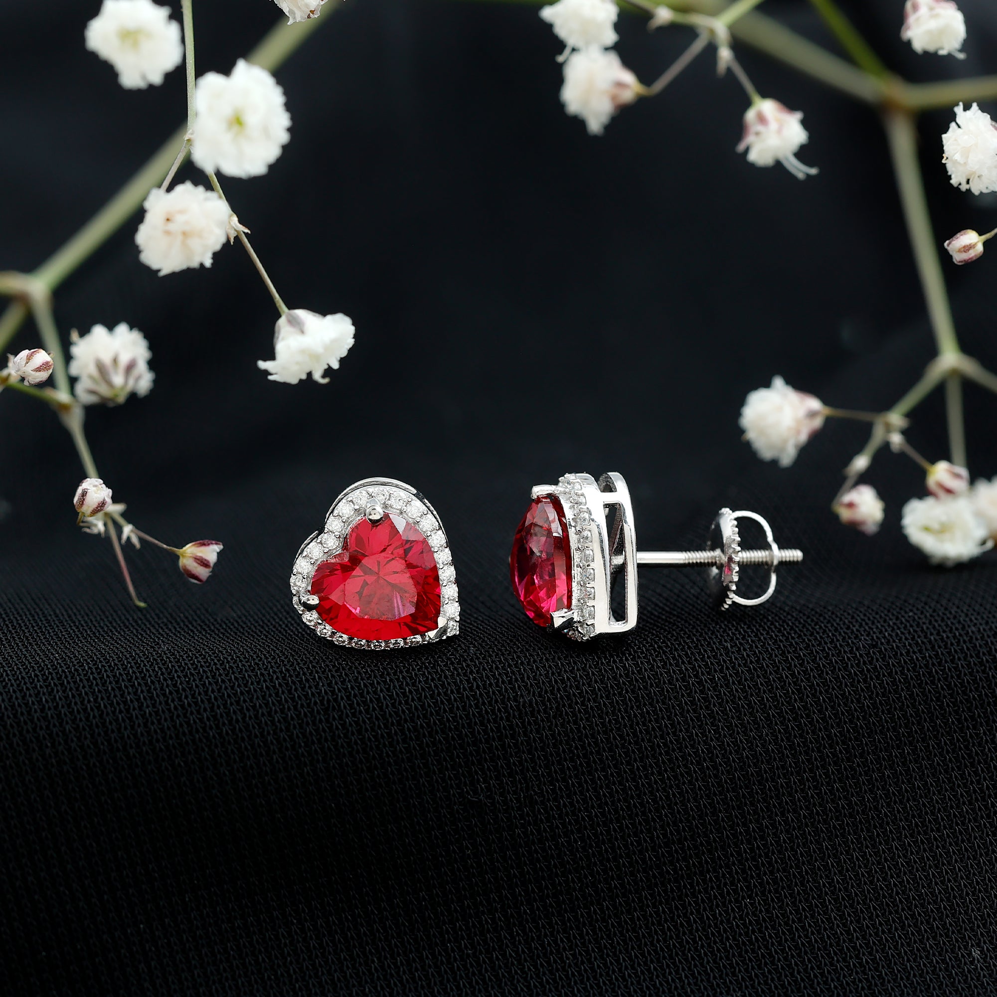 4 Carat Lab Grown Ruby Heart Stud Earrings with Moissanite Halo AAAA 92.5 Sterling Silver - Rosec Jewels