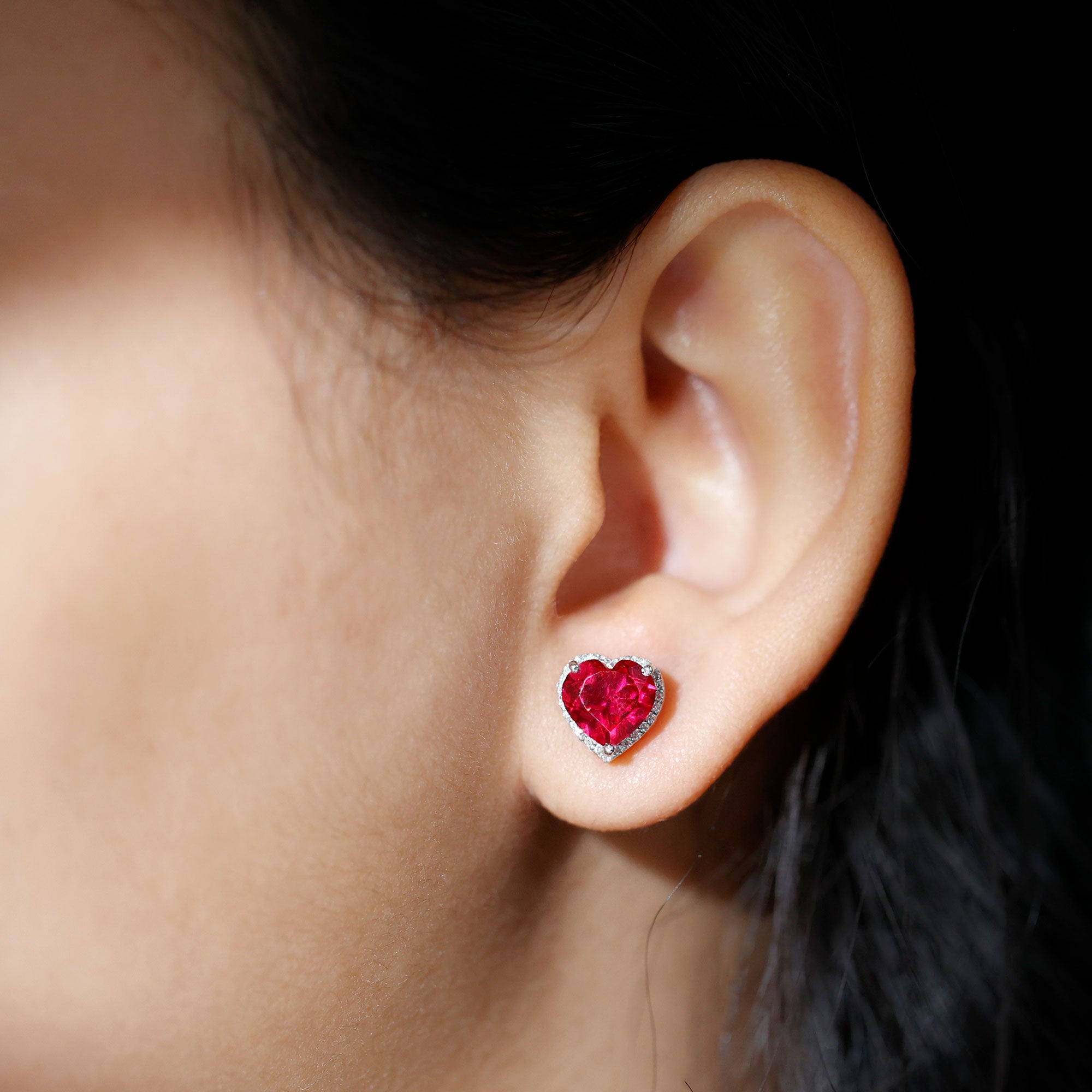 4 Carat Lab Grown Ruby Heart Stud Earrings with Moissanite Halo AAAA 92.5 Sterling Silver - Rosec Jewels