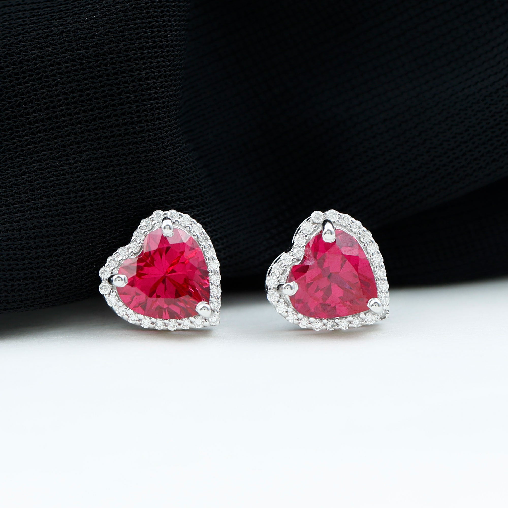 4 Carat Lab Grown Ruby Heart Stud Earrings with Moissanite Halo AAAA 92.5 Sterling Silver - Rosec Jewels