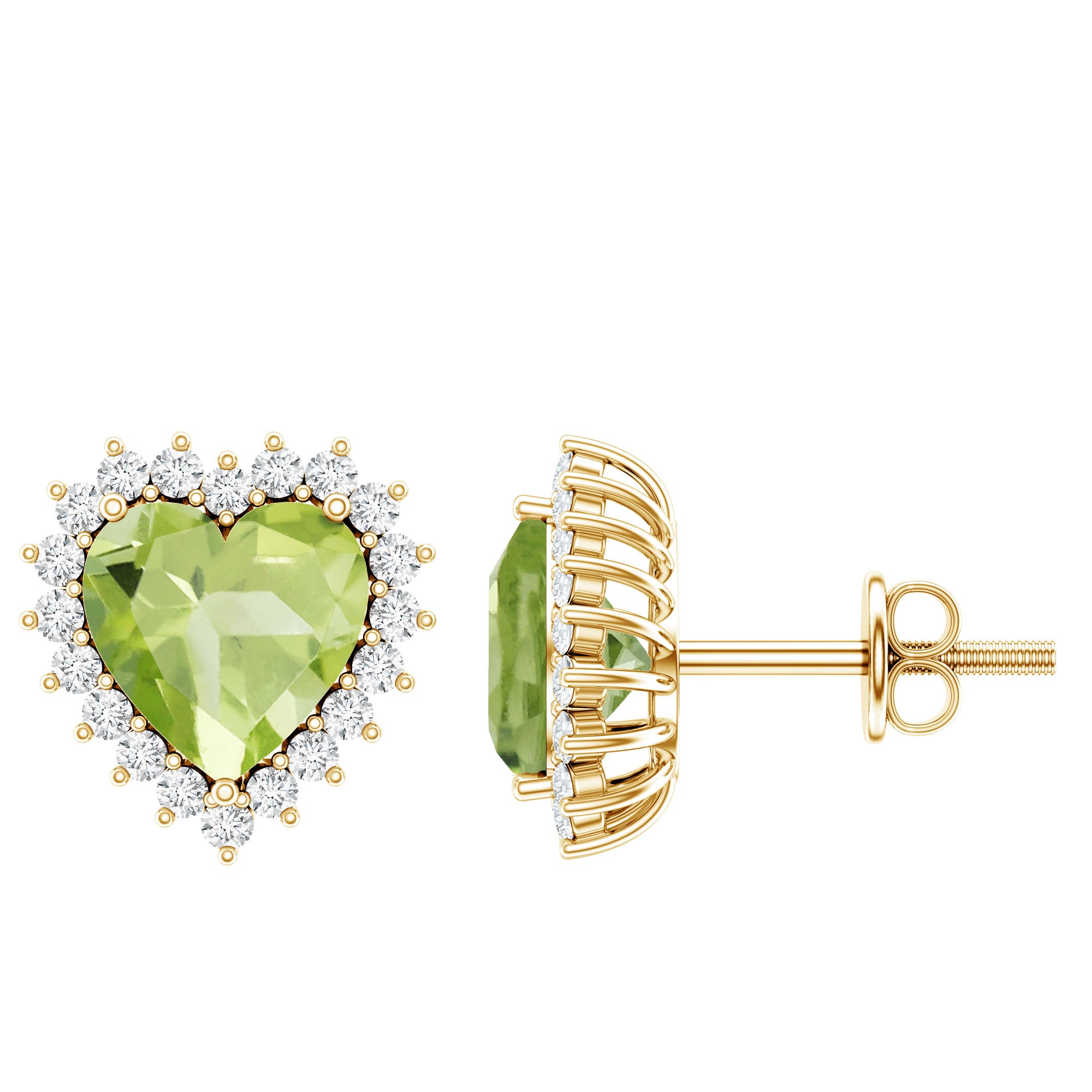 4.2 Carat Peridot Heart Stud Earrings with Diamond Halo AAA - Rosec Jewels