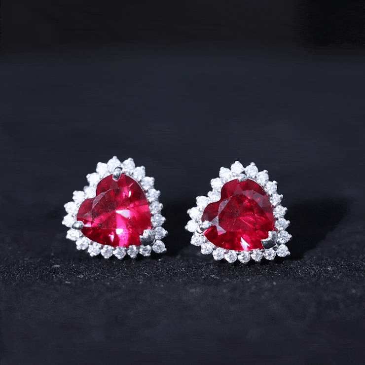 Lab Created Ruby Heart Studs with Diamond Halo AAAA - Rosec Jewels