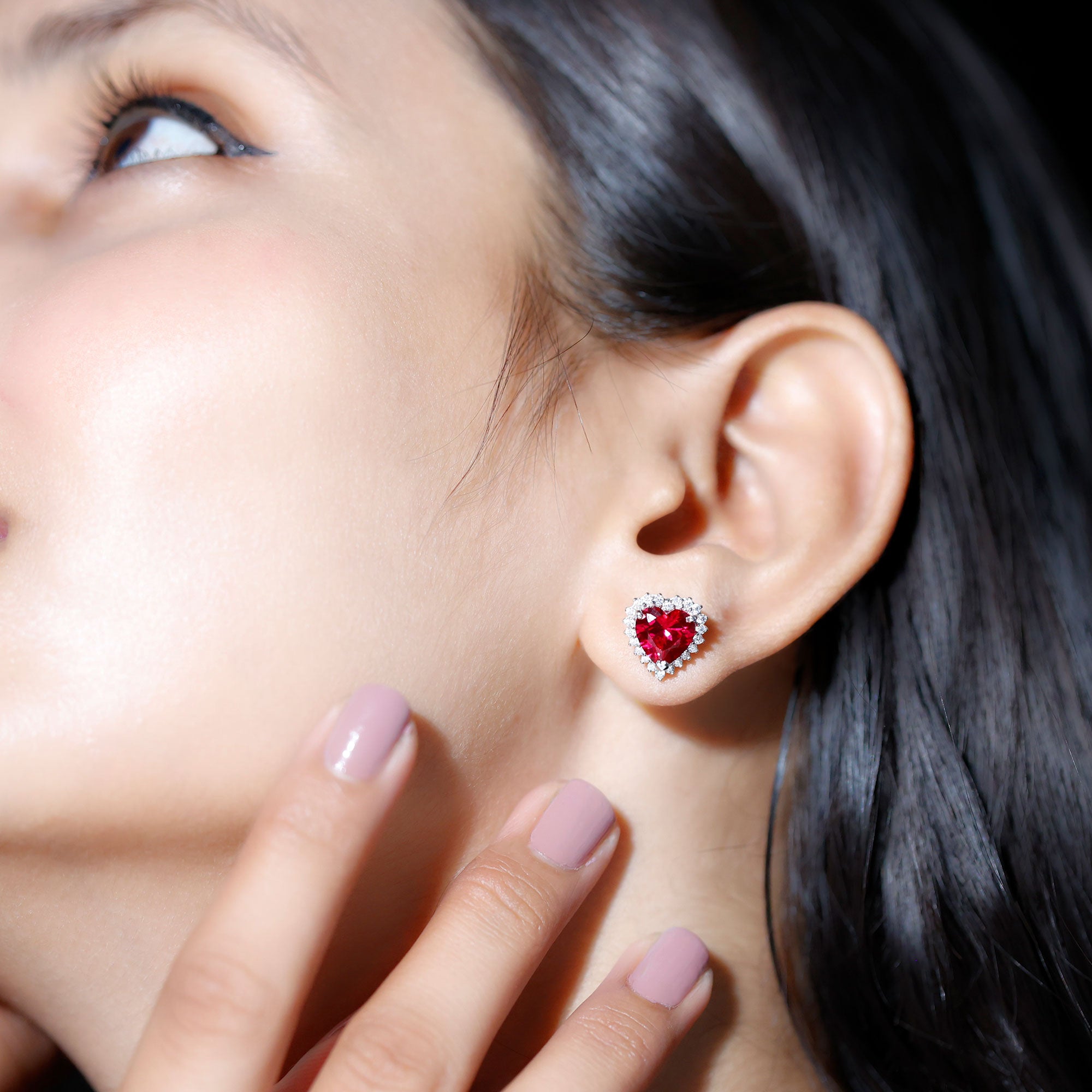 Lab Created Ruby Heart Studs with Diamond Halo AAAA - Rosec Jewels