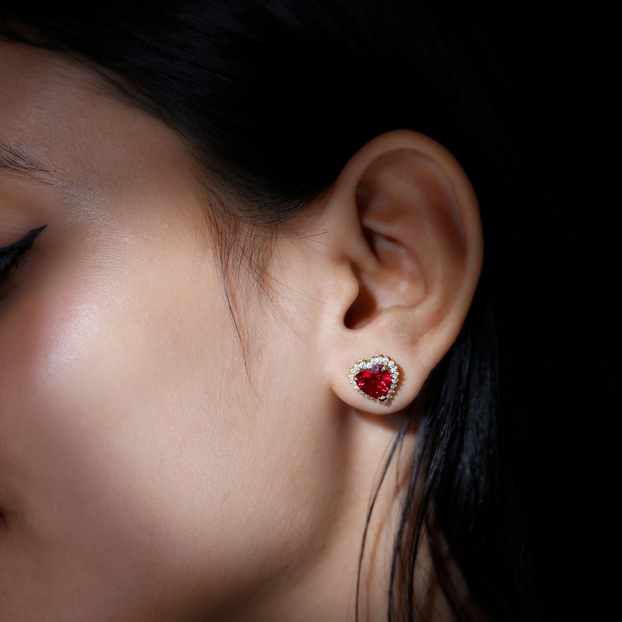 Lab Created Ruby Heart Studs with Diamond Halo AAAA - Rosec Jewels