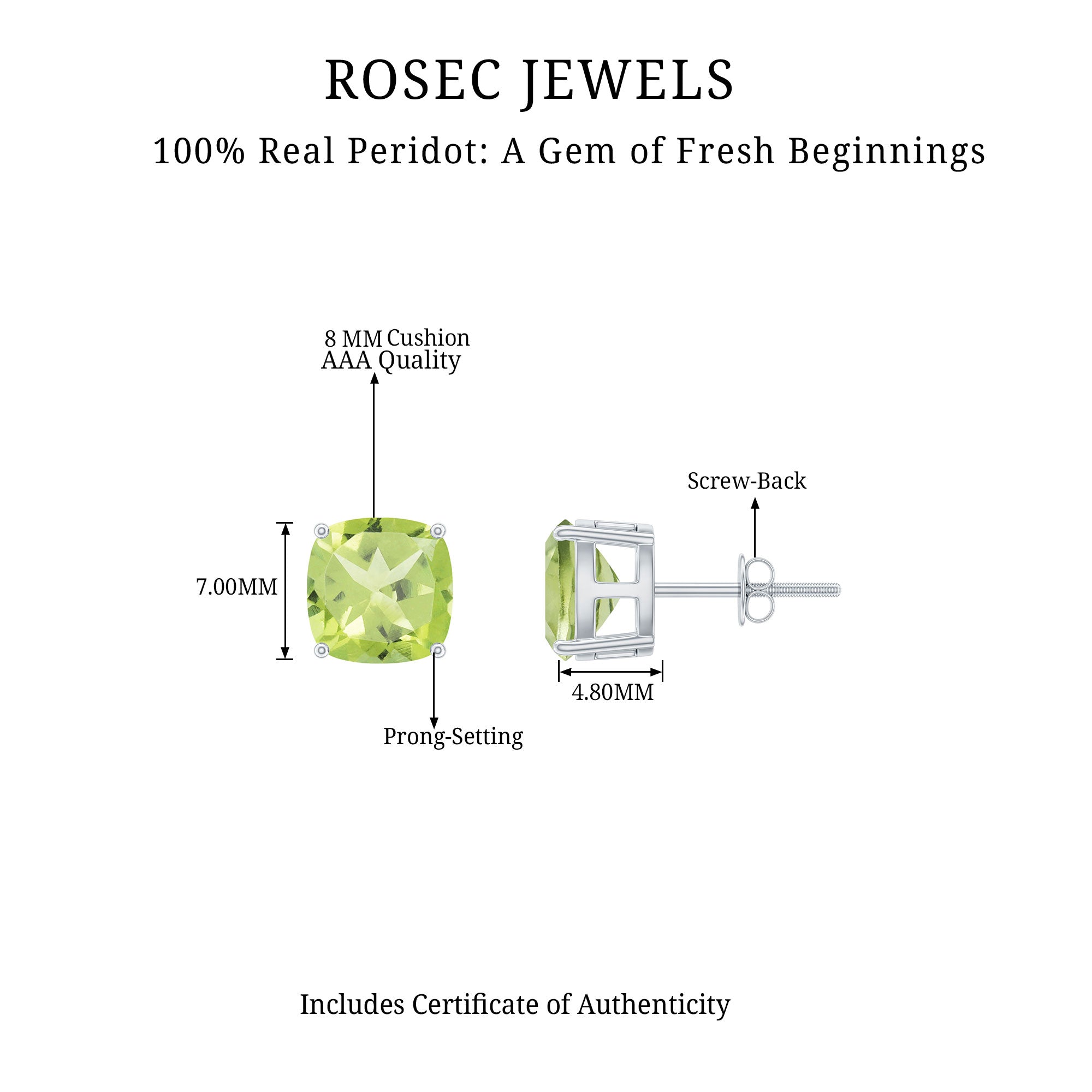 Genuine Cushion Cut Peridot Solitaire Stud Earrings With Certificate AAA - Rosec Jewels