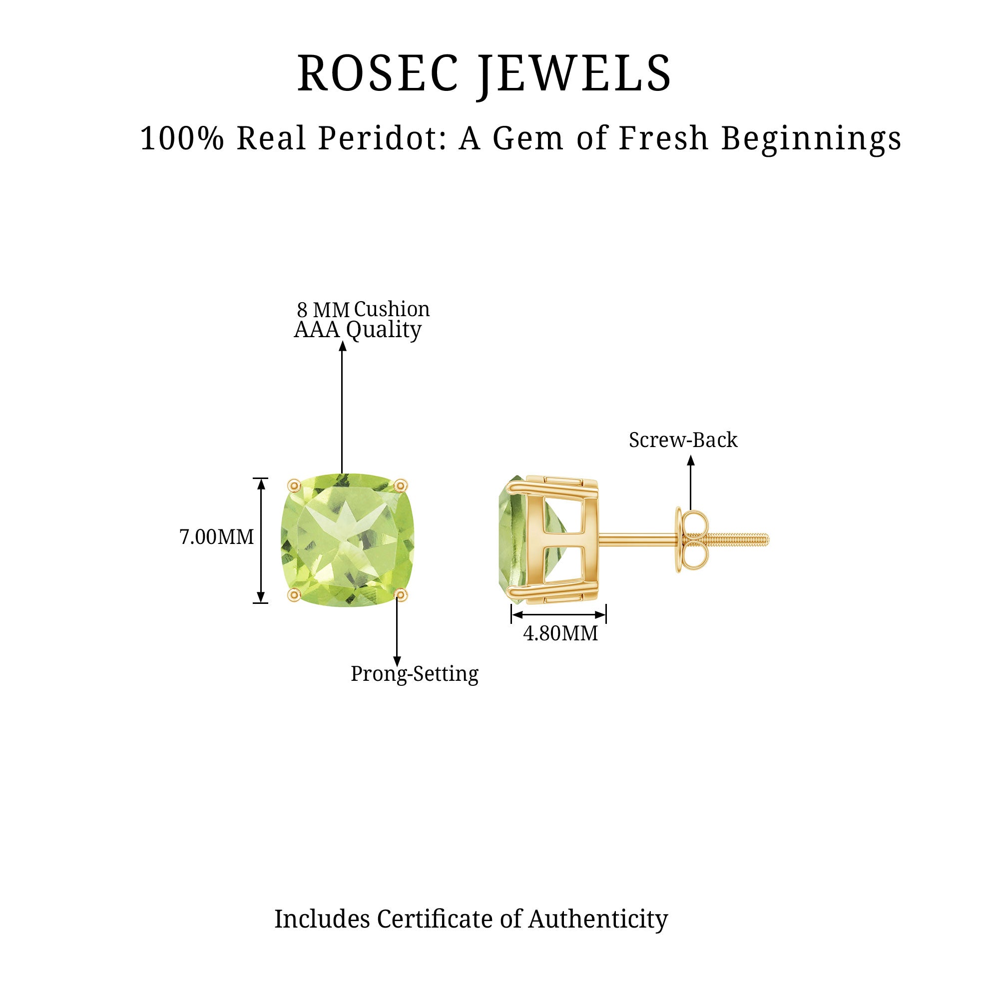 Genuine Cushion Cut Peridot Solitaire Stud Earrings With Certificate AAA - Rosec Jewels