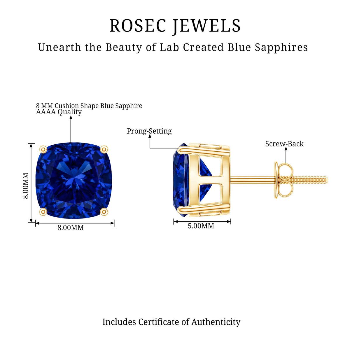 5.5 Carat Lab Grown Blue Sapphire Solitaire Stud Earring With Certificate AAAA - Rosec Jewels