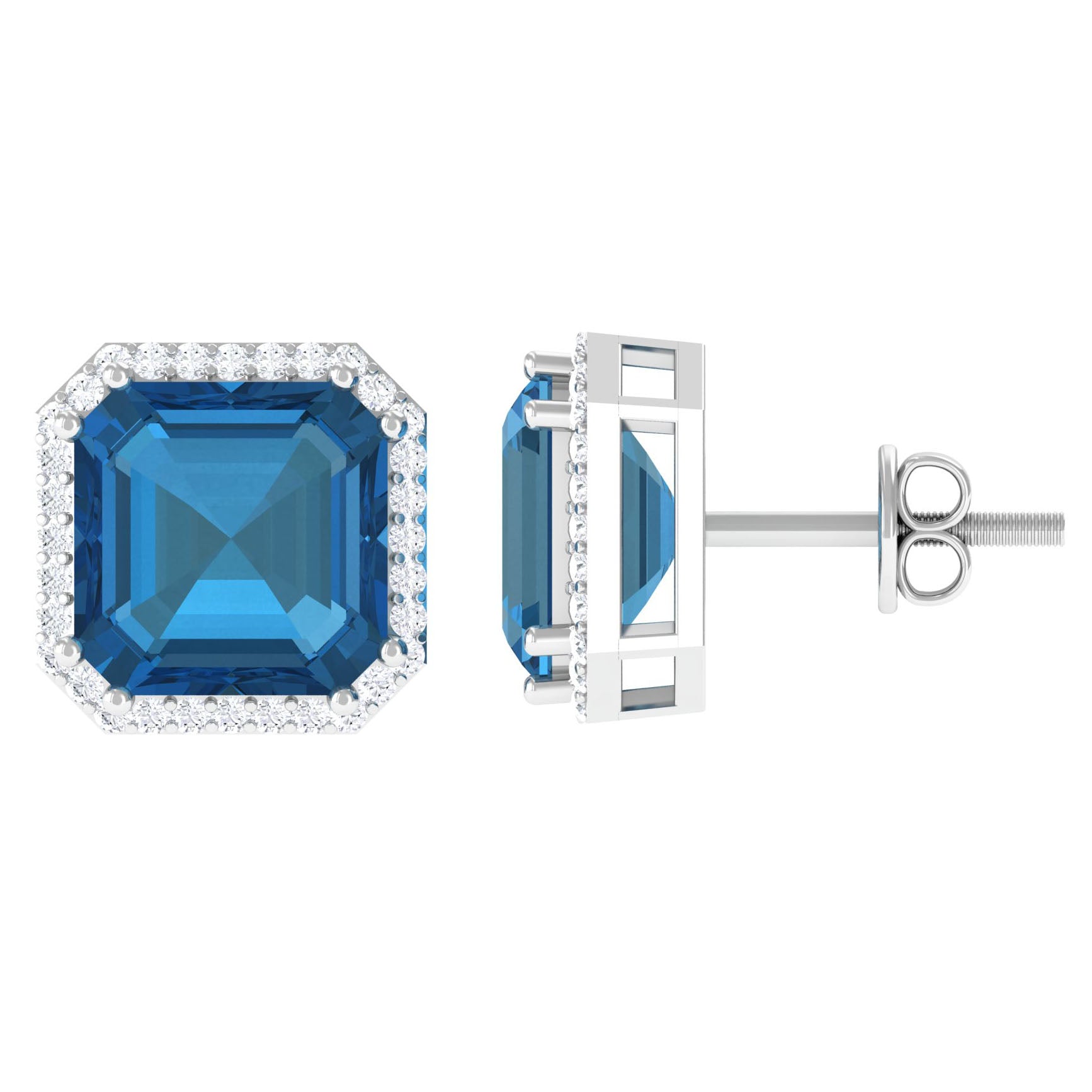 Asscher Cut London Blue Topaz and Diamond Halo Stud Earrings