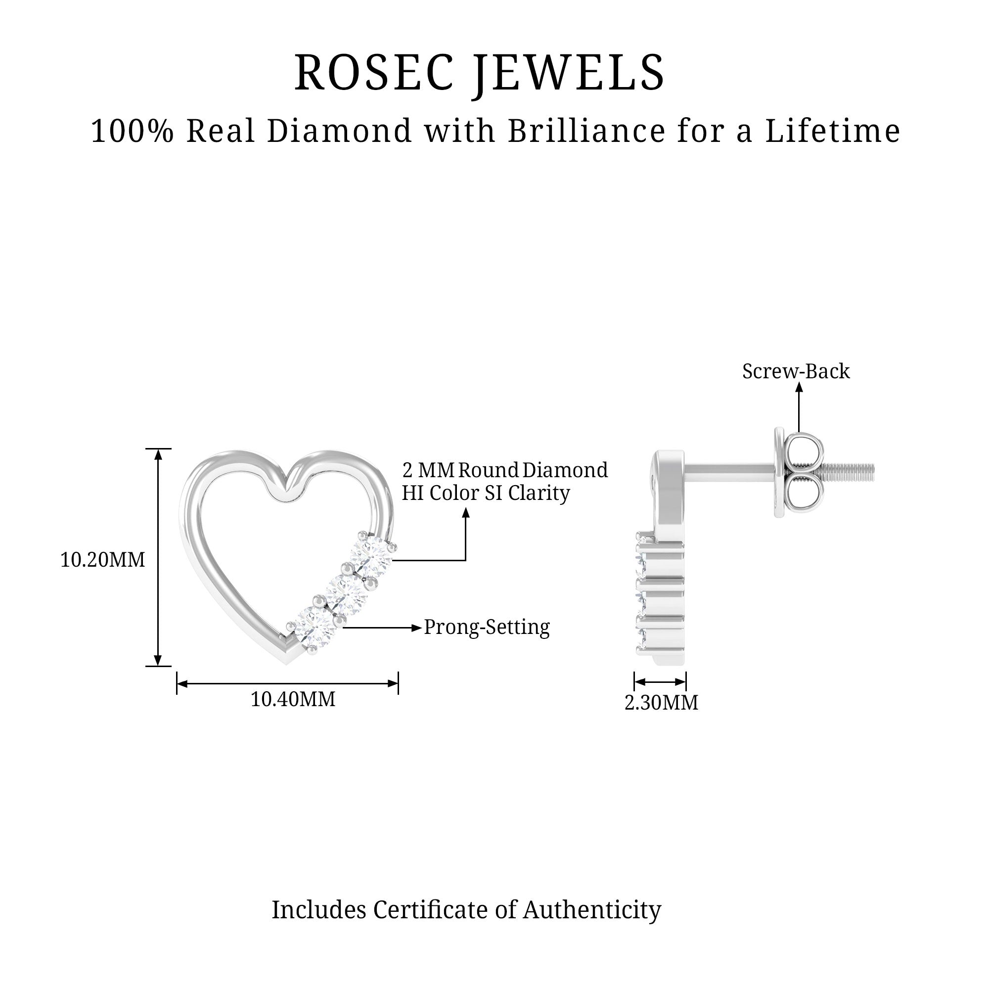 Diamond Heart Shape Stud Earring for Women Natural - ( HI-SI ) - Rosec Jewels