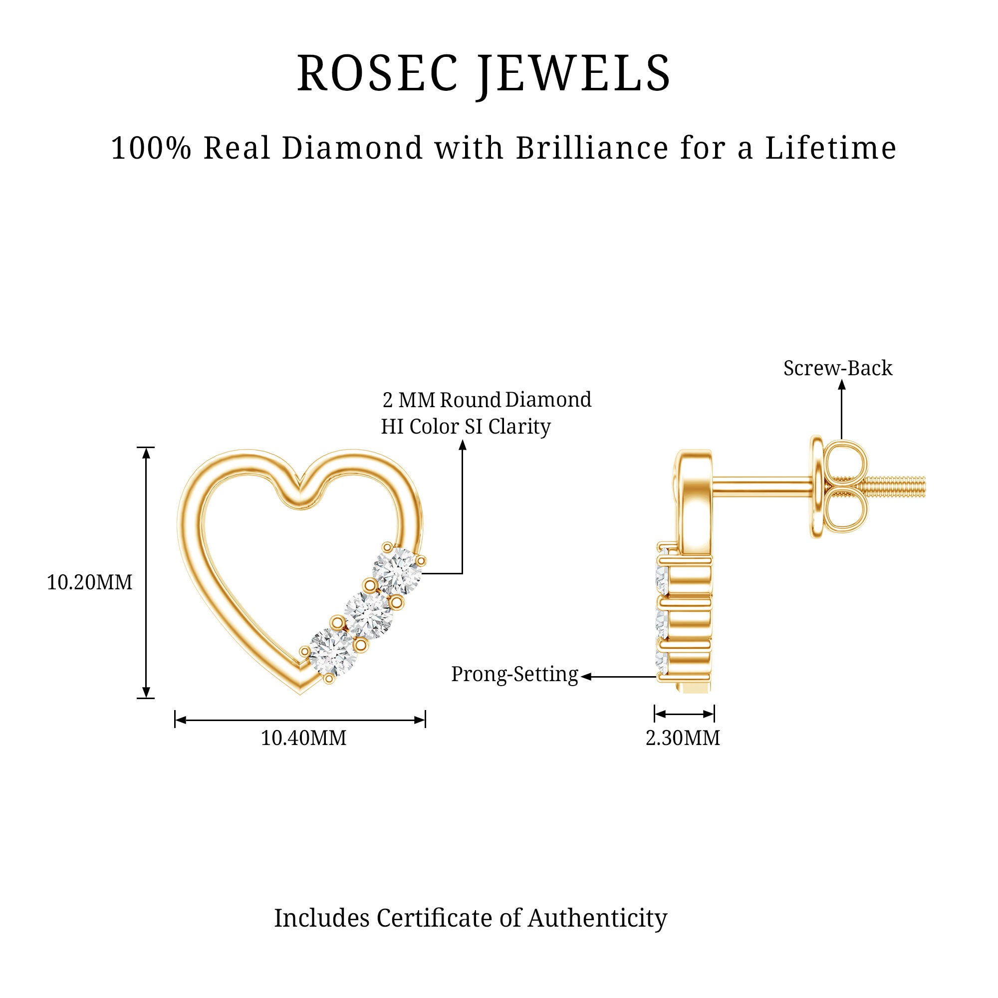 Diamond Heart Shape Stud Earring for Women Natural - ( HI-SI ) - Rosec Jewels