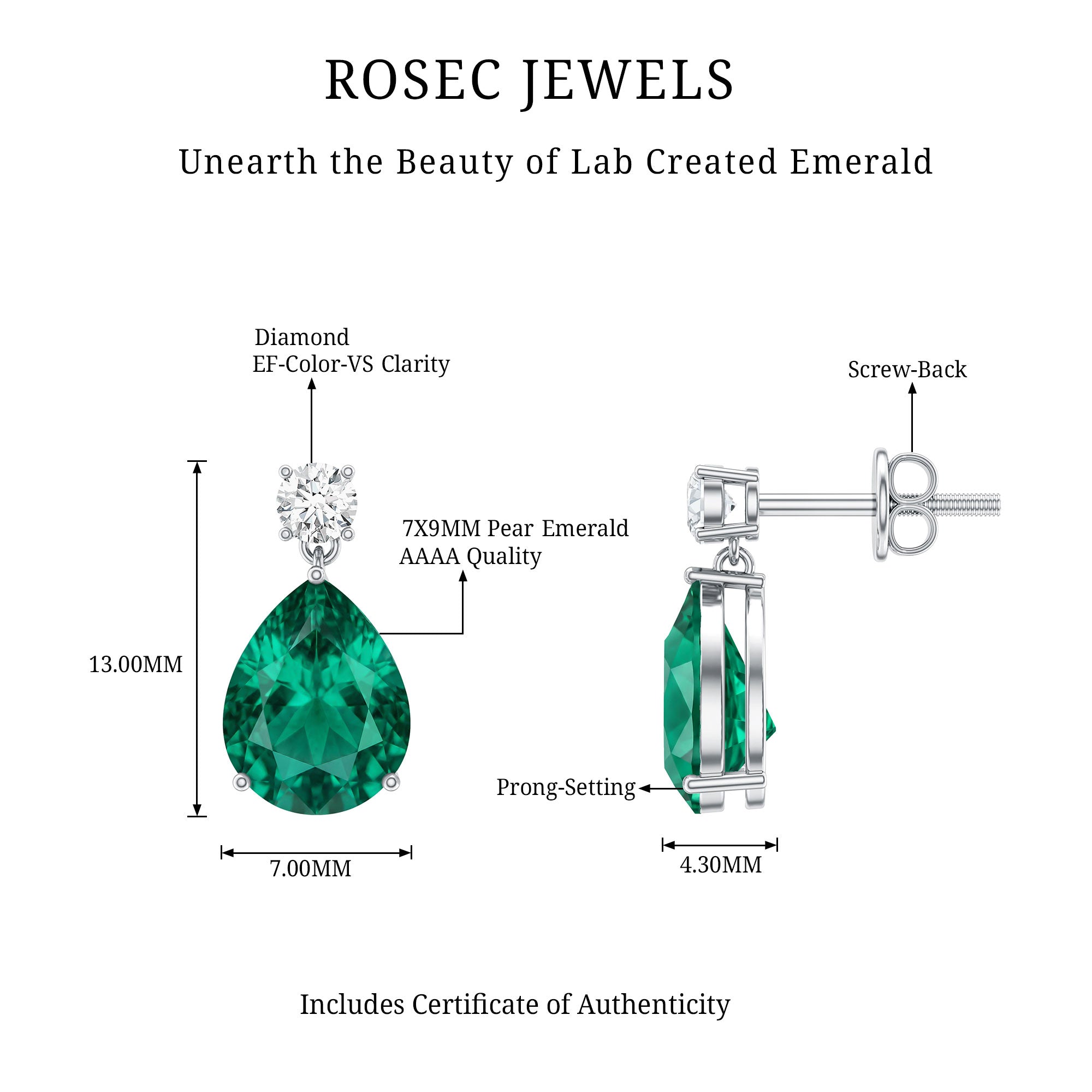 3.4 Carat Pear Cut Lab Created Emerald and Diamond Teardrop Earrings AAAA - Rosec Jewels