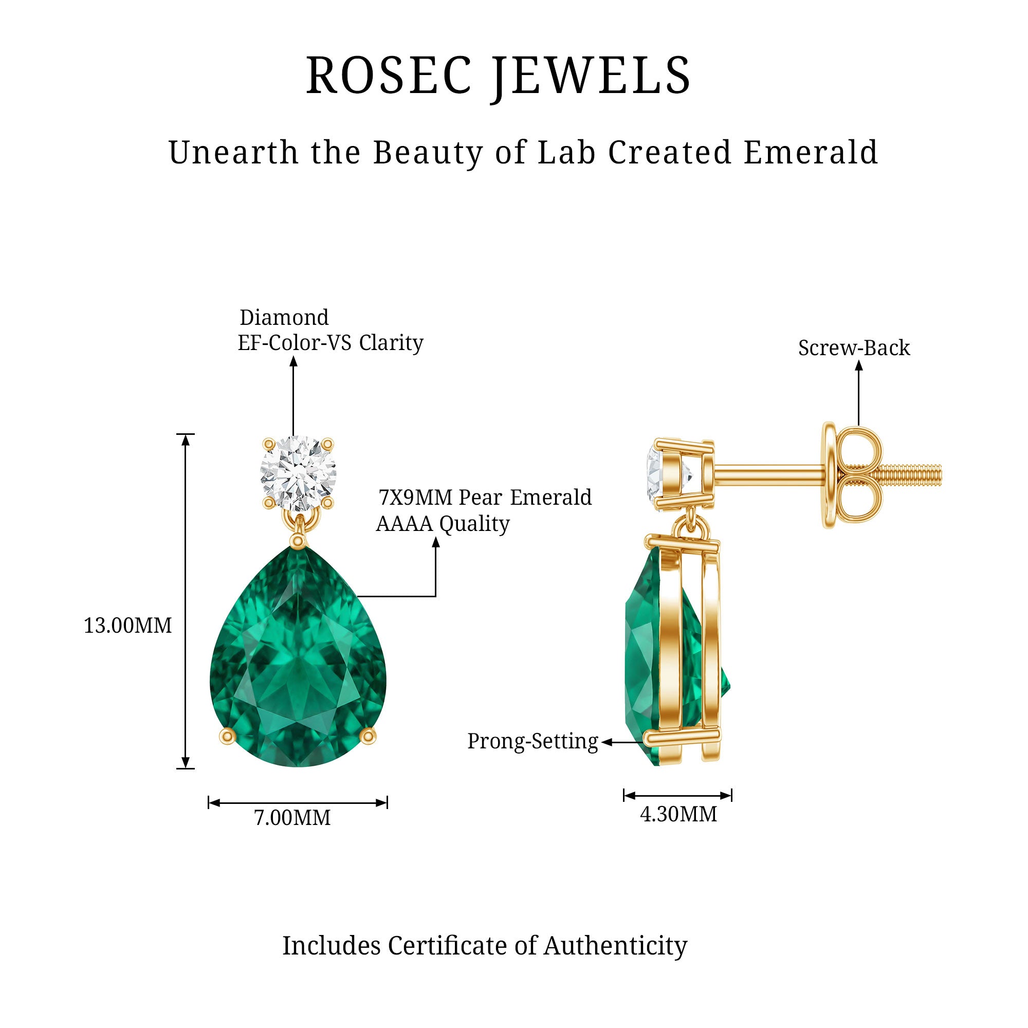 3.4 Carat Pear Cut Lab Created Emerald and Diamond Teardrop Earrings AAAA - Rosec Jewels