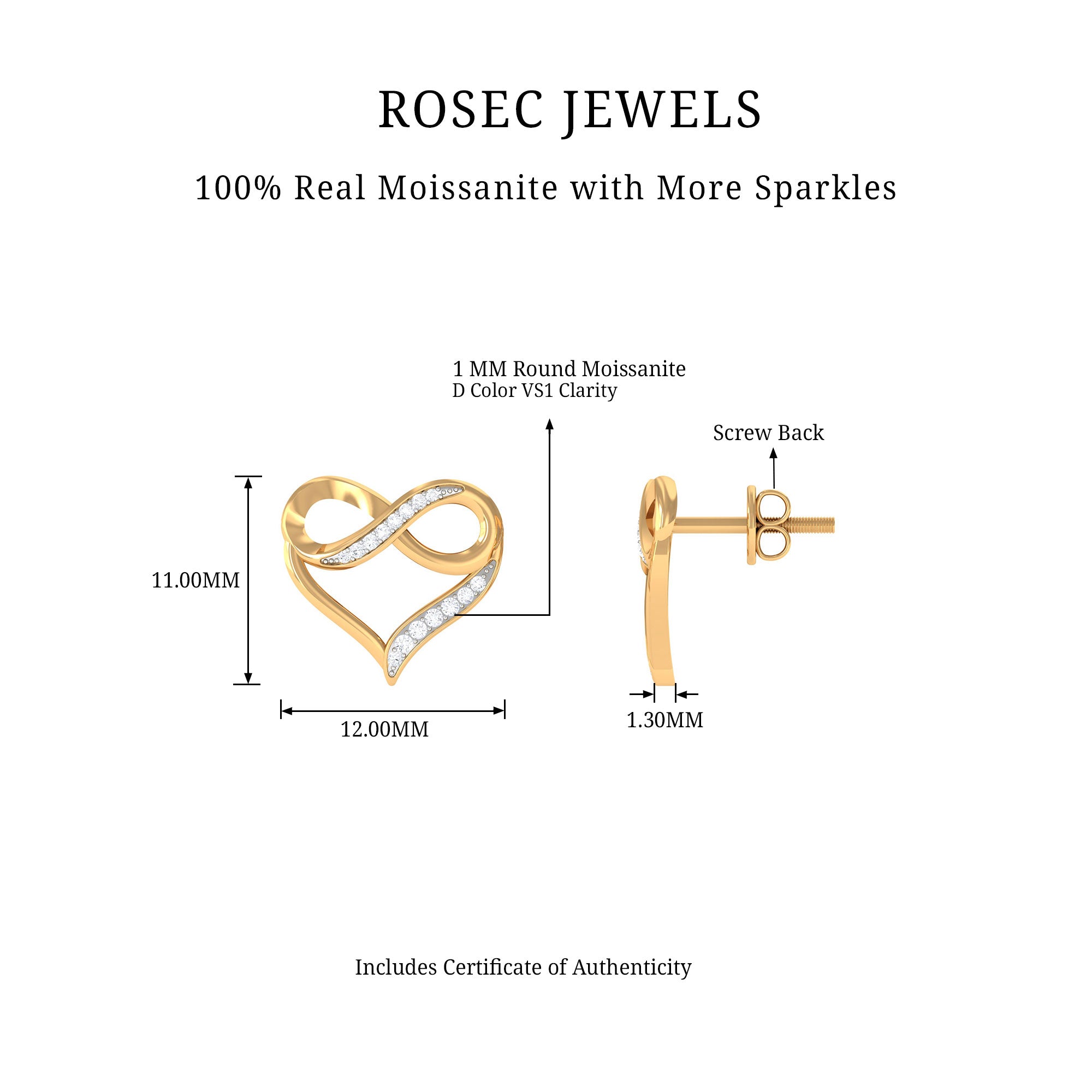 Moissanite Infinity and Heart Stud Earrings in Gold Moissanite - ( D-VS1 ) - Color and Clarity - Rosec Jewels
