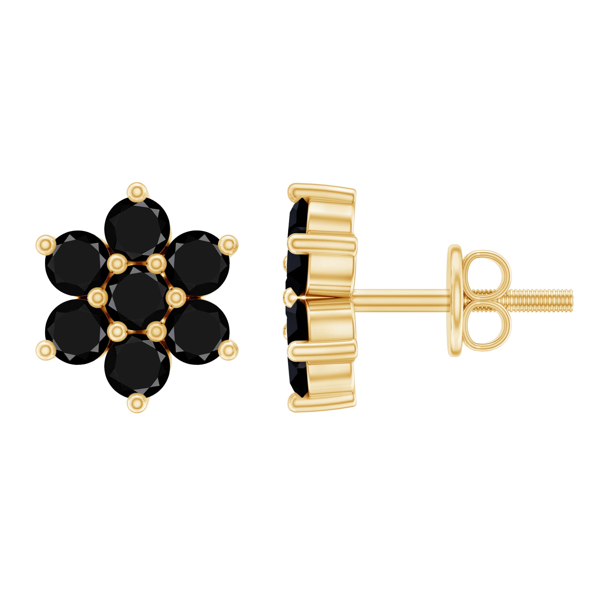 Natural Black Spinel Floral Cluster Stud Earrings AAA - Rosec Jewels