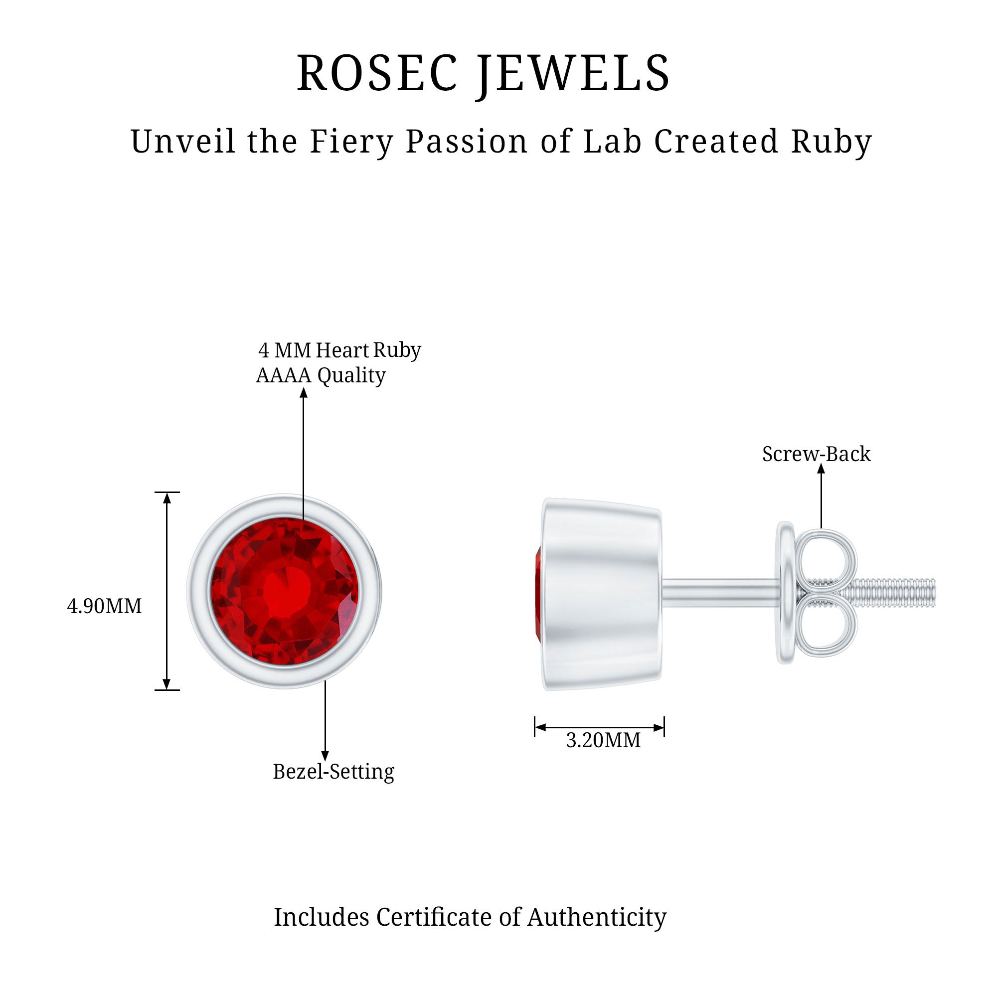 Minimalist Lab Grown Ruby Stud Earrings in Bezel Setting AAAA - Rosec Jewels